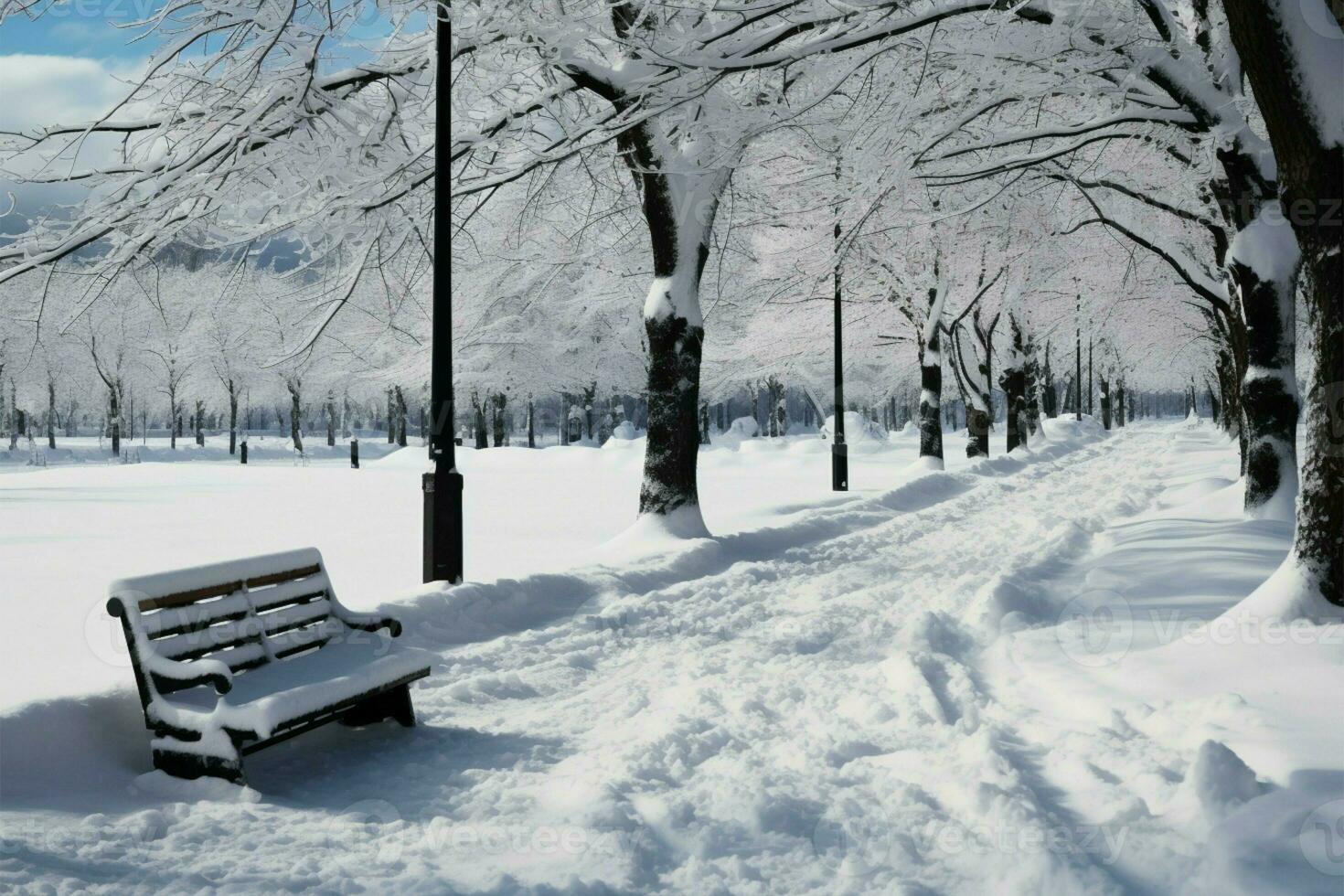 en skarp, sorgsen vinter- landskap, träd täckt i snöar omfamning ai genererad foto