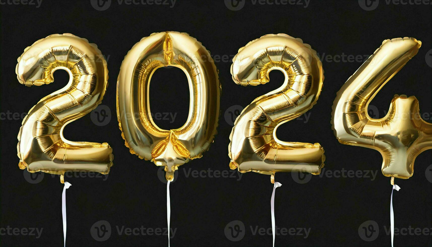 Lycklig ny år 2024 3d tal med gyllene ballonger, och band isolerat på en svart bakgrund. generativ ai foto