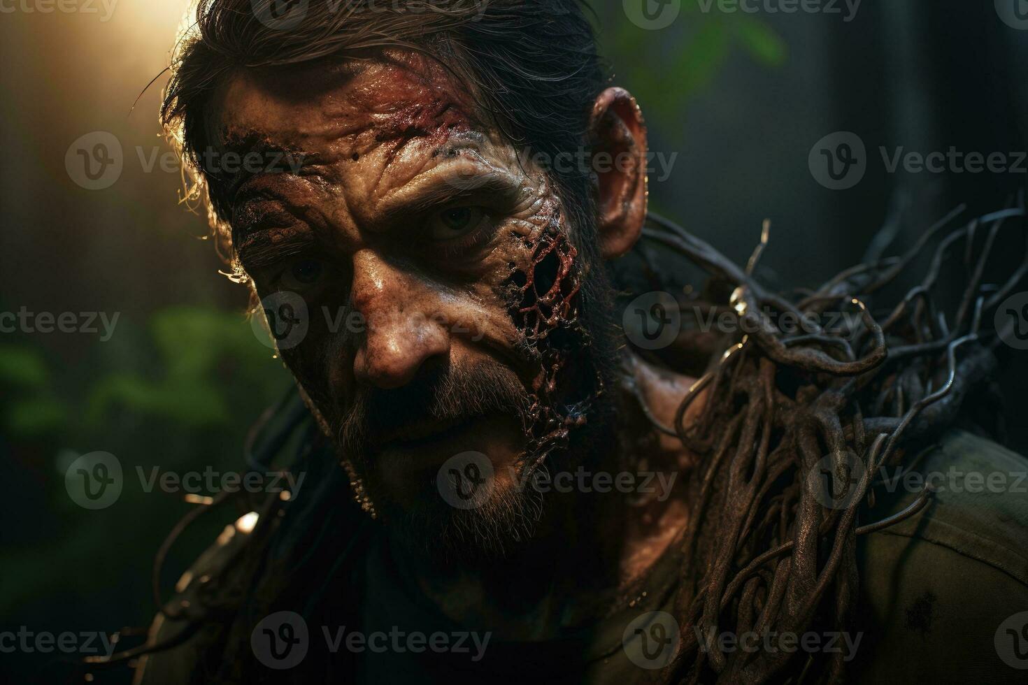 generativ ai, man med cordyceps växande på och ut av hans ansikte och huvud, zombie foto
