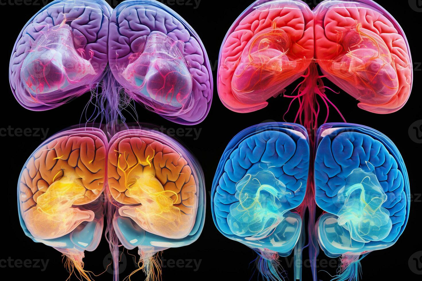 mänsklig hjärna studie begrepp. fyra annorlunda hjärnor på en mörk bakgrund. generativ ai foto