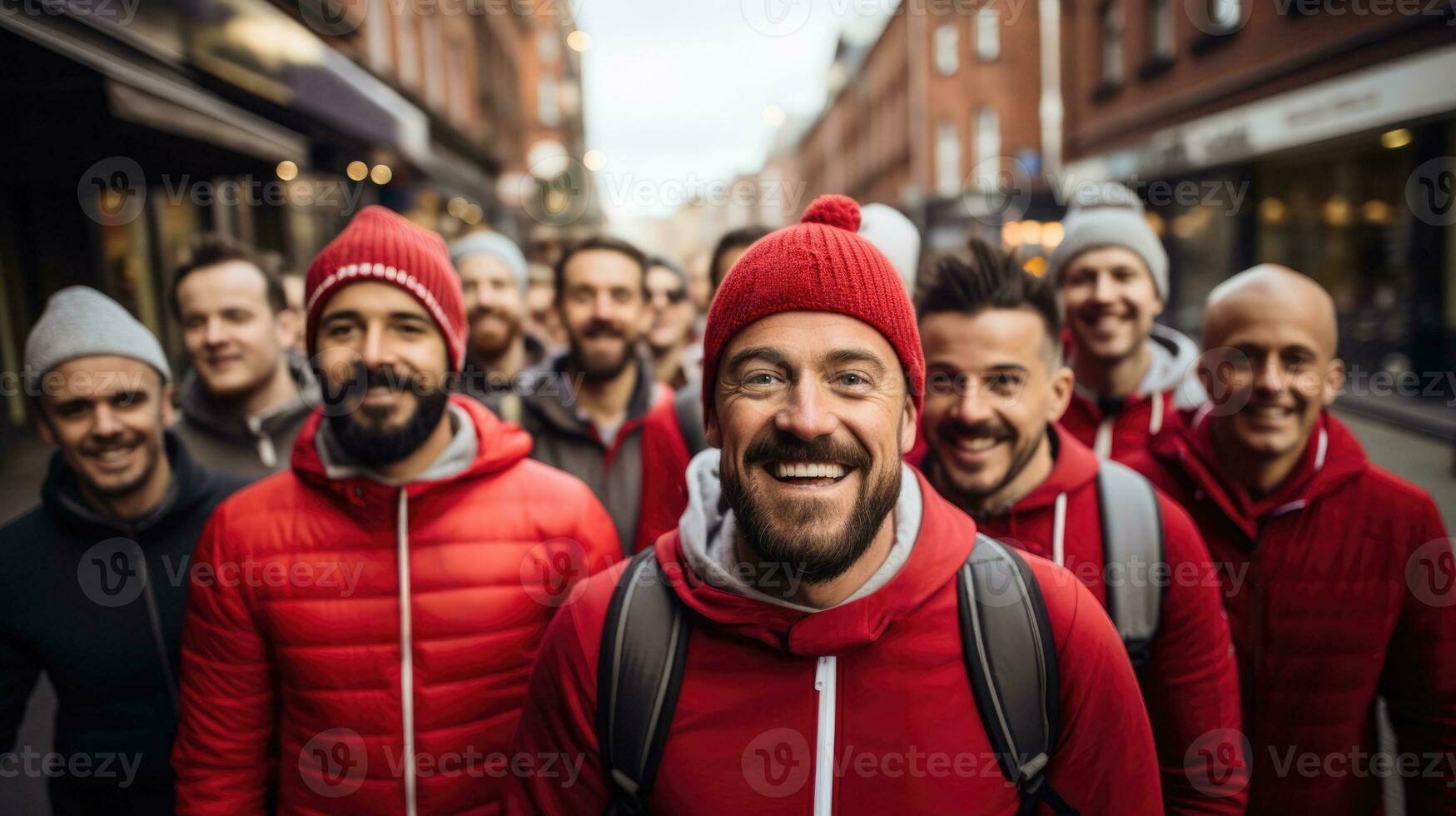 stor grupp av män deltar i Movember välgörenhet promenad i stad foto