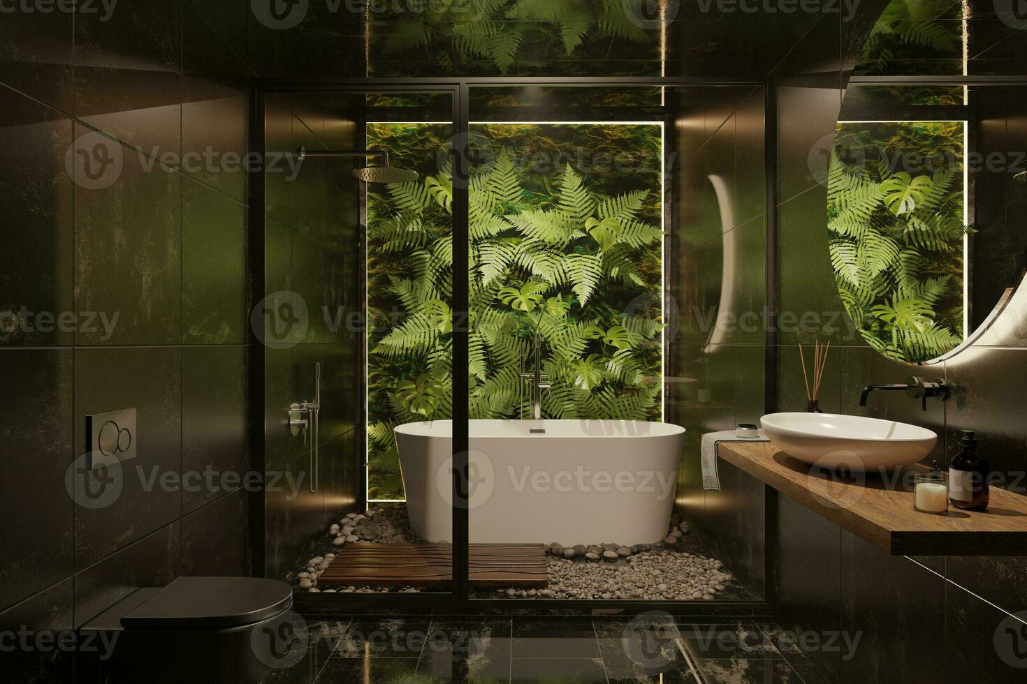 3d tolkning av badrum interiör, svart toalett, mörk design, minimalism, modern klassiker kombinerad med tropisk växter, natur, löv på de vägg, eco stil, trend foto