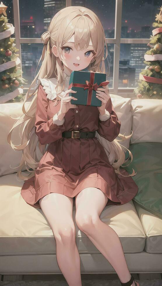 söt anime flicka innehav närvarande gåva för festlig ögonblick jul tid foto