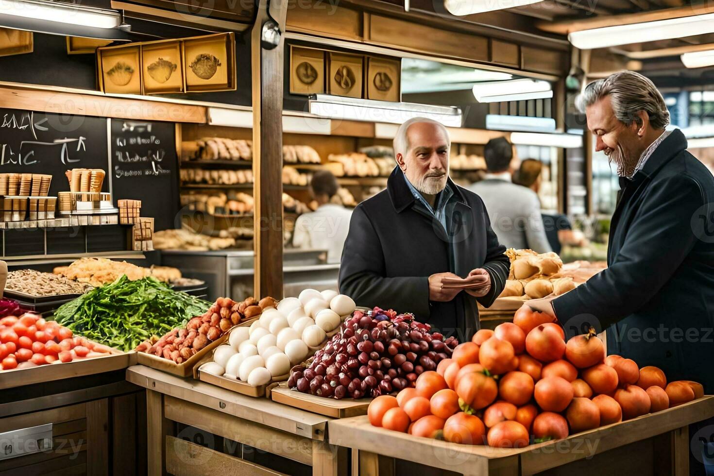 två män är ser på producera i en marknadsföra. ai-genererad foto