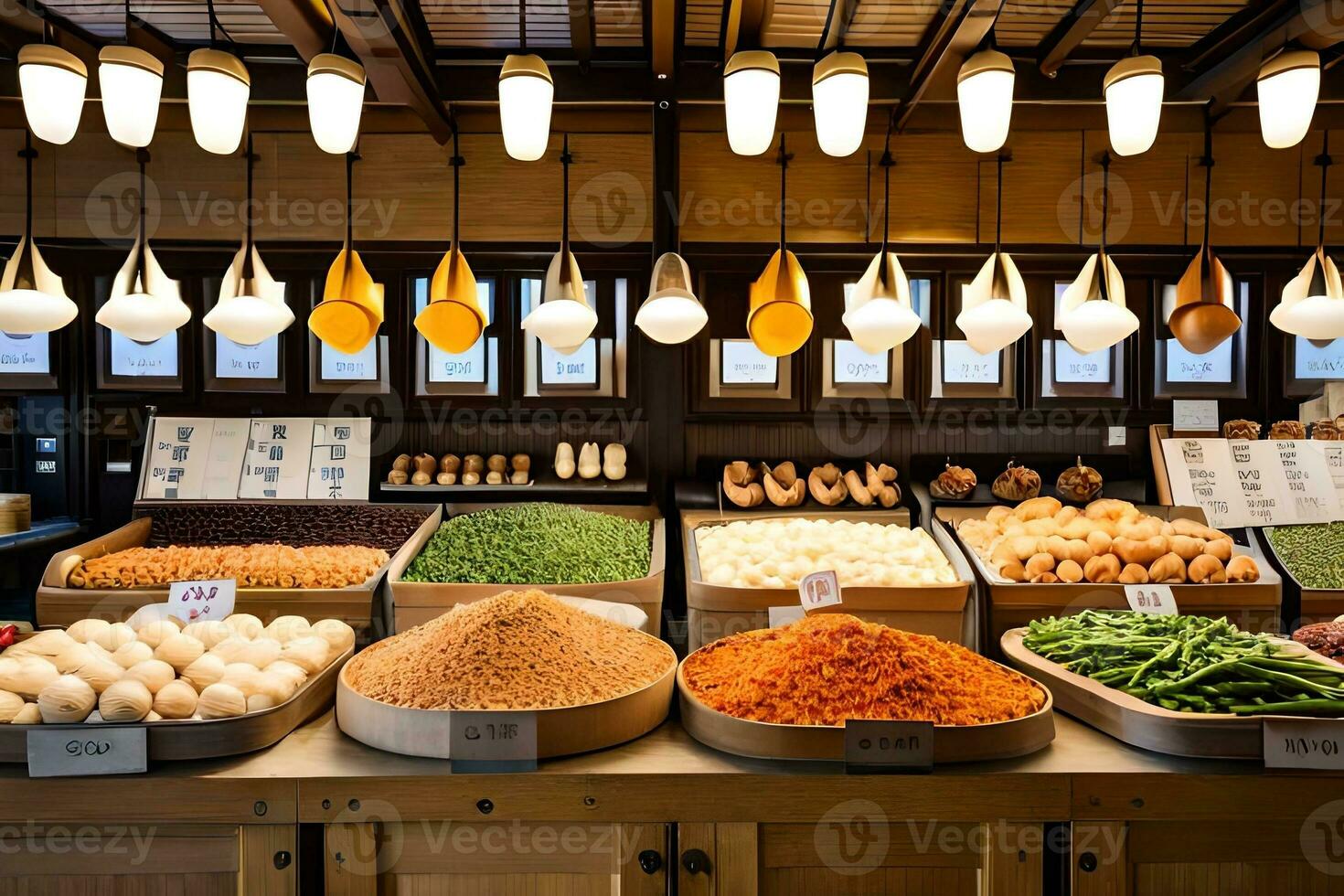 en visa av mat i en Lagra med många annorlunda typer av mat. ai-genererad foto