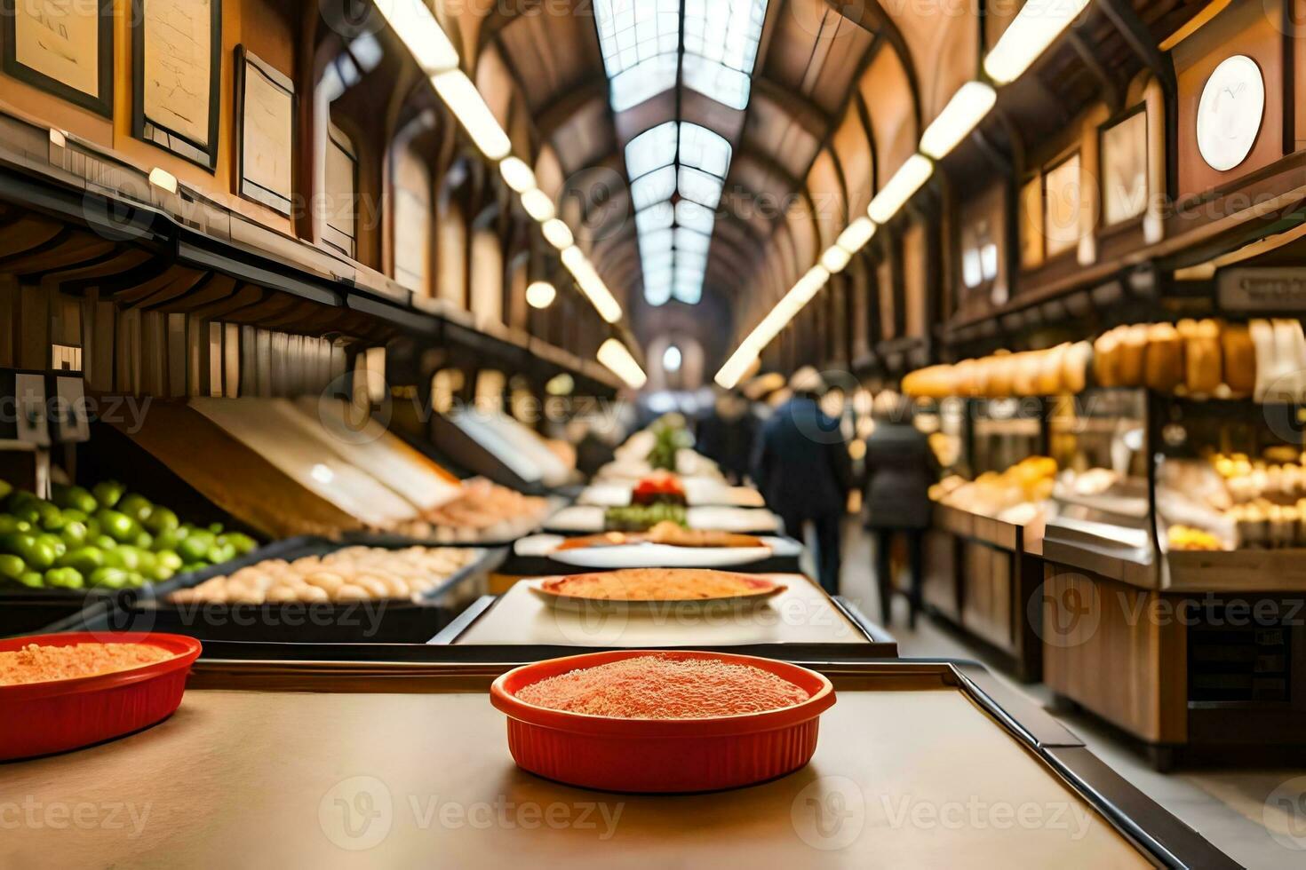 en lång linje av skålar och plattor i en matvaror Lagra. ai-genererad foto