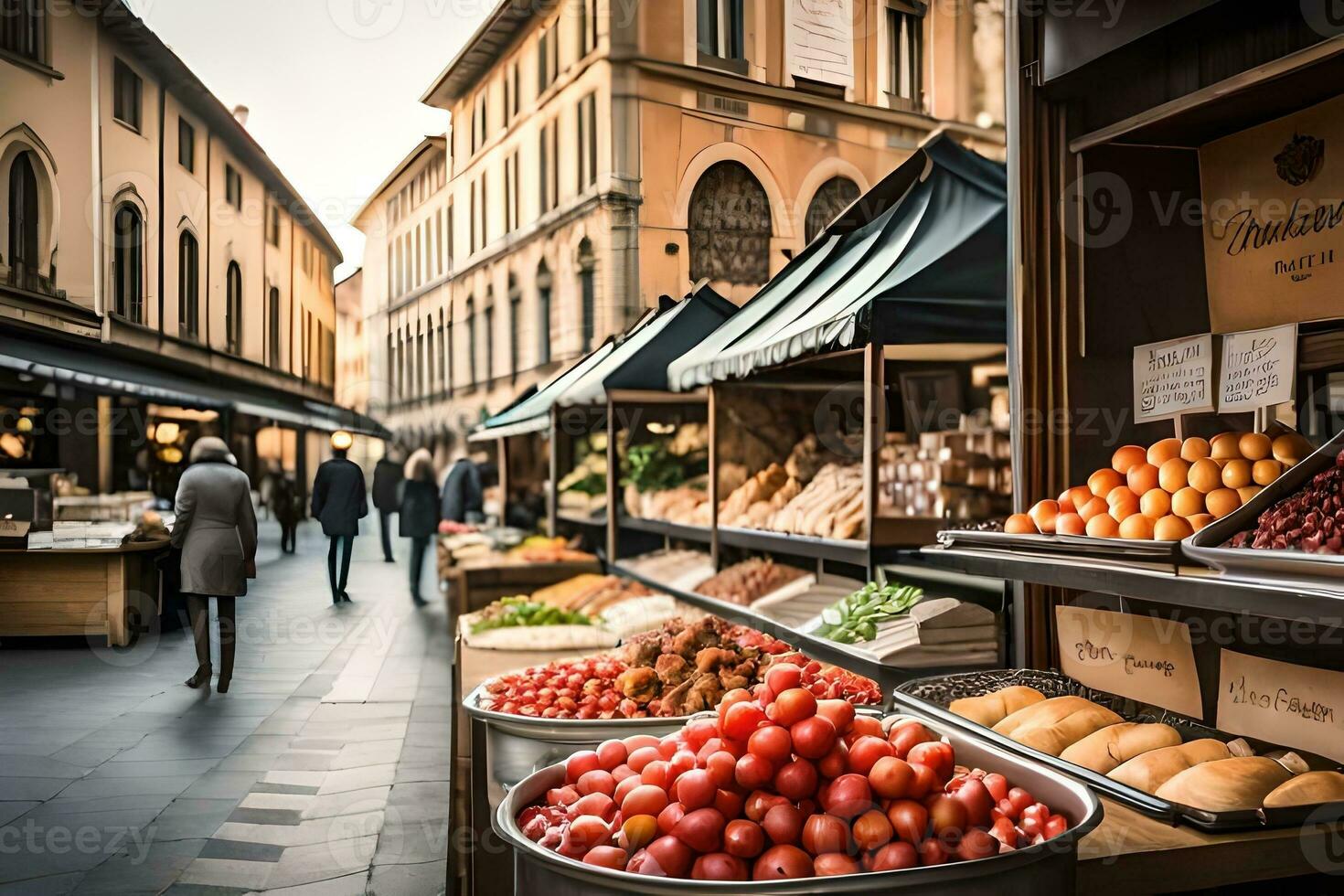 en marknadsföra med tomater, bröd och Övrig mat. ai-genererad foto