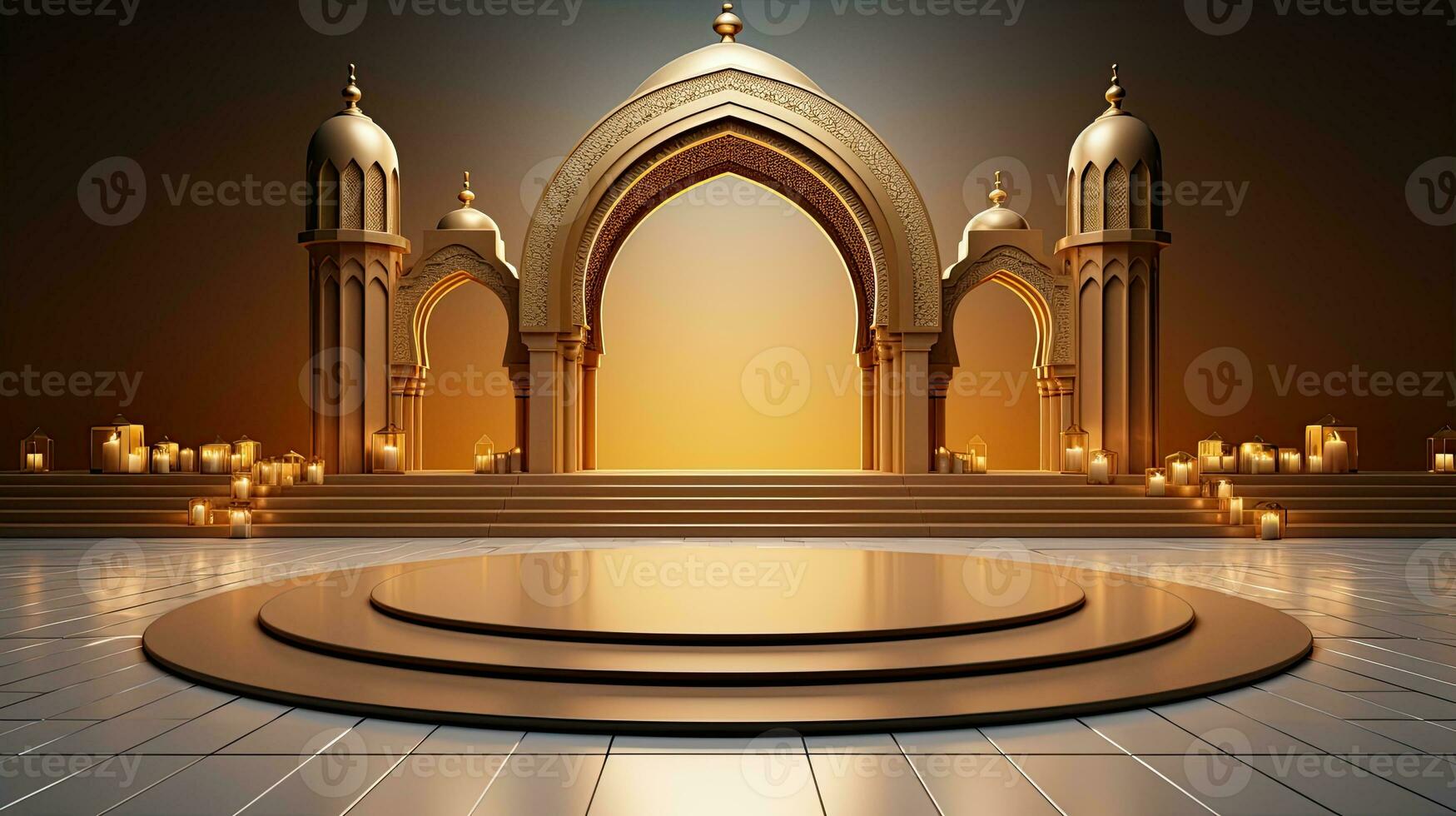 podium bakgrund. ramadan Semester minimalism stil . arabicum design med nyanser av beige guld färger. ai genererad foto