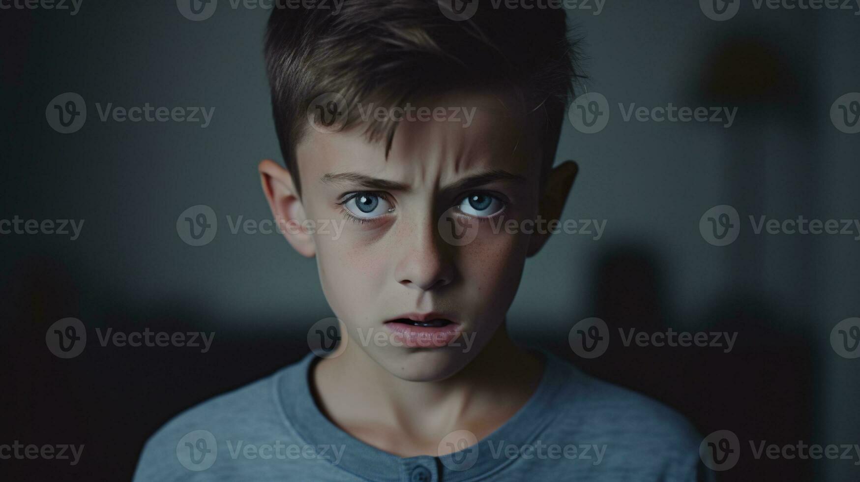 rädd pojke ser på de kamera isolerat på de minimalistisk bakgrund foto