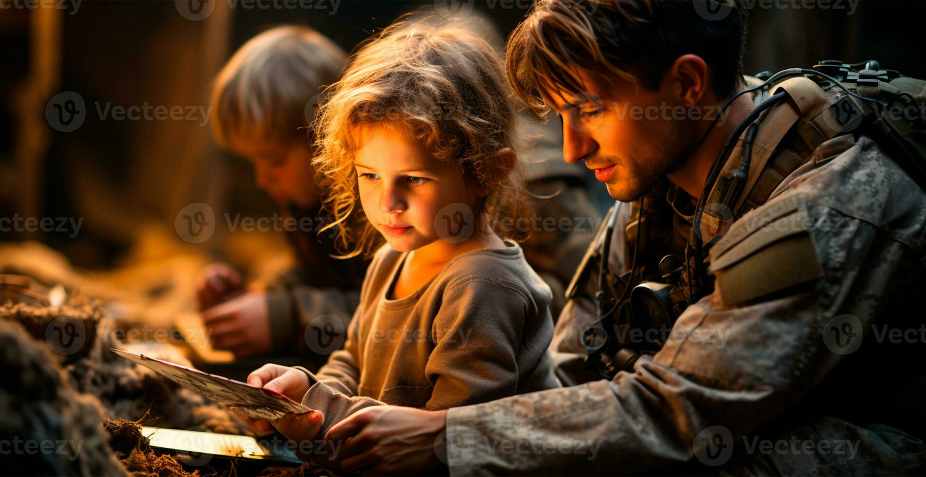 militär och barn, militär doktorer hjälp barn, sparande barn - ai genererad bild foto