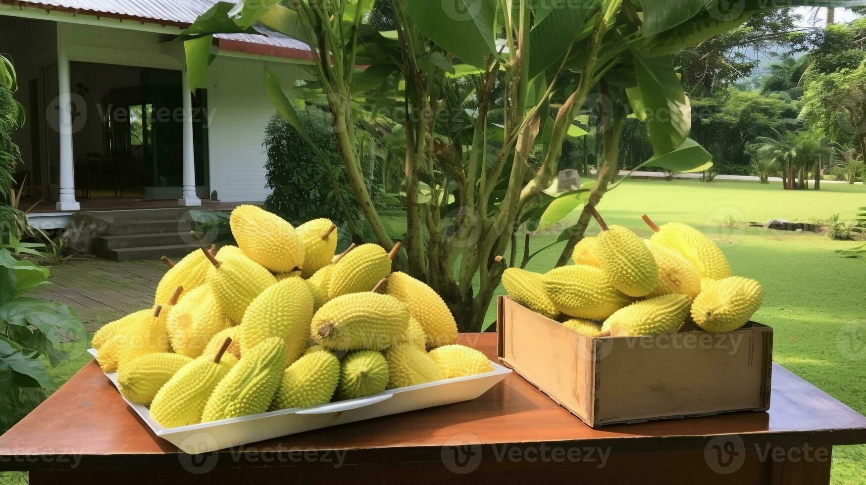 nyligen plockade vit mango domkraft frukt från trädgård placerad i de lådor. generativ ai foto