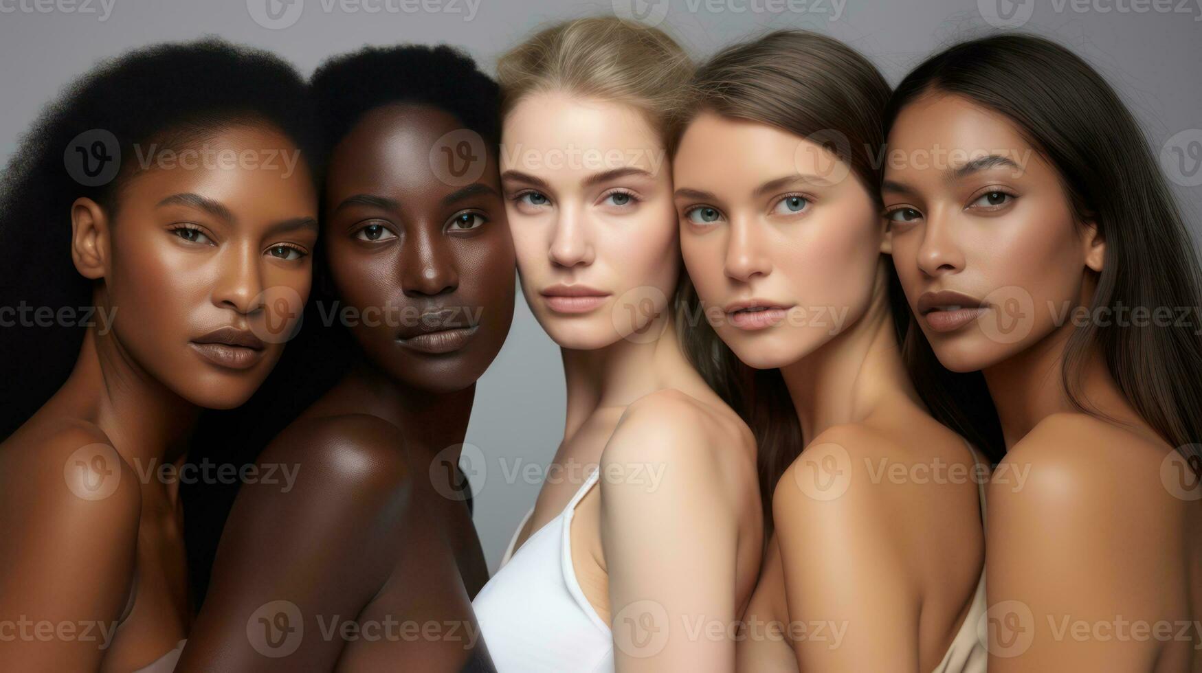 grupp av skön multietnisk kvinnor med annorlunda hud typer. 3d tolkning generativ ai foto