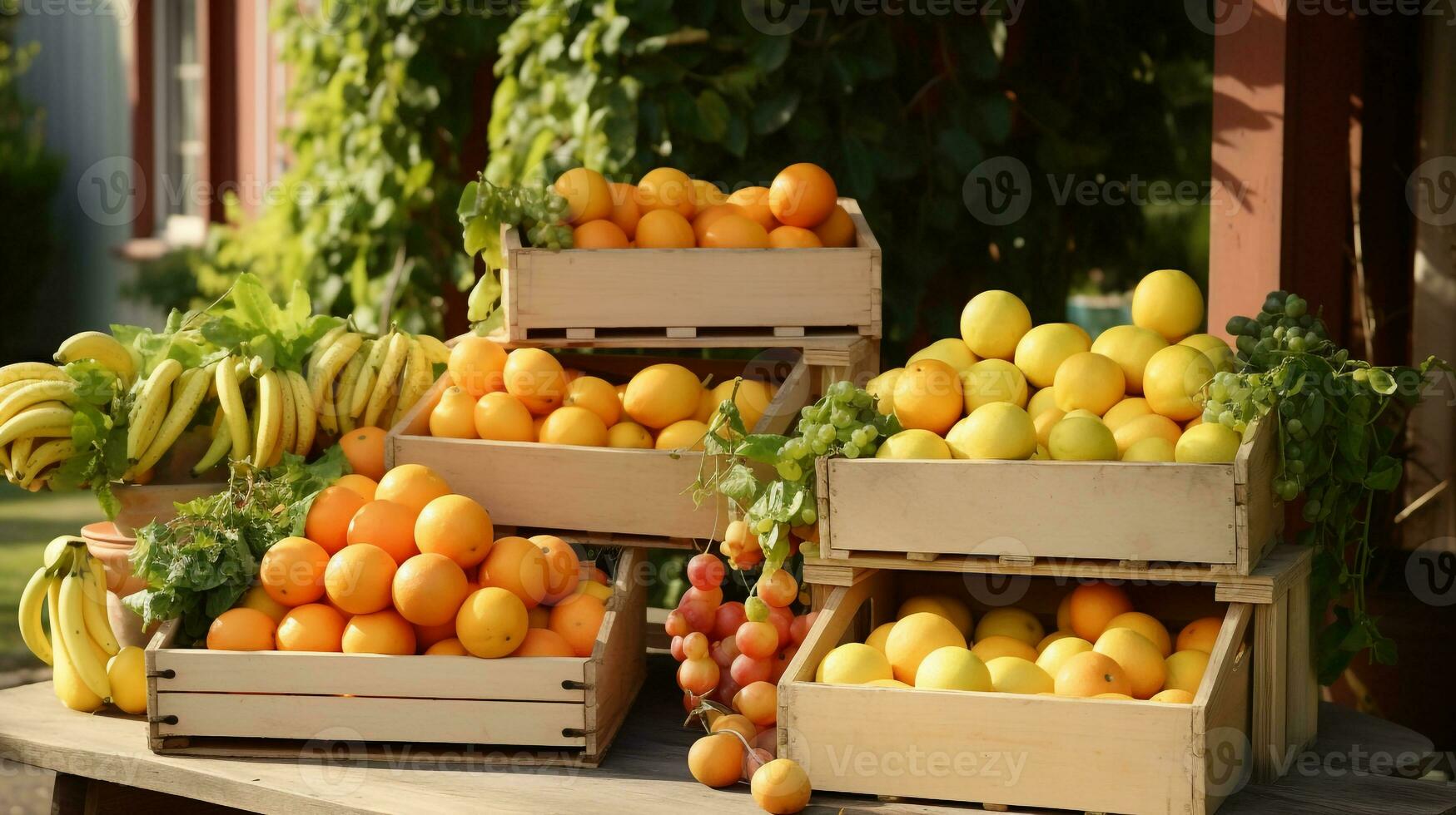 nyligen plockade lyra frukt från trädgård placerad i de lådor. generativ ai foto