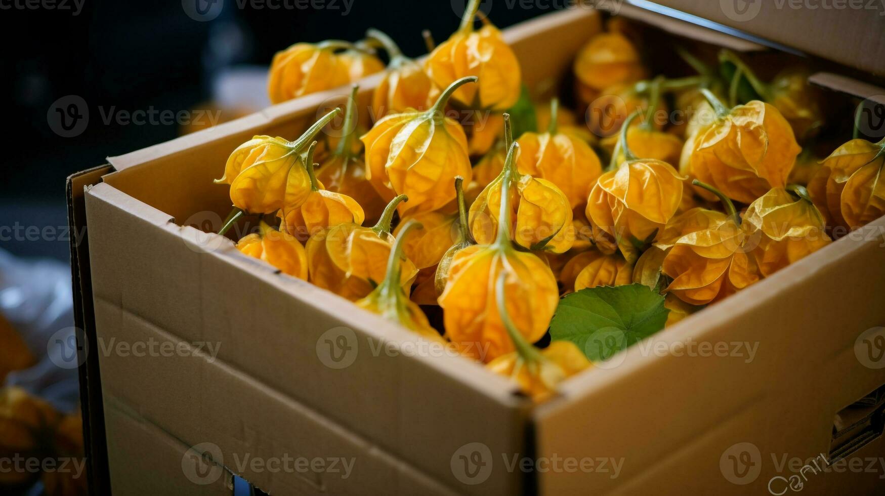 nyligen plockade physalis frukt från trädgård placerad i de lådor. generativ ai foto