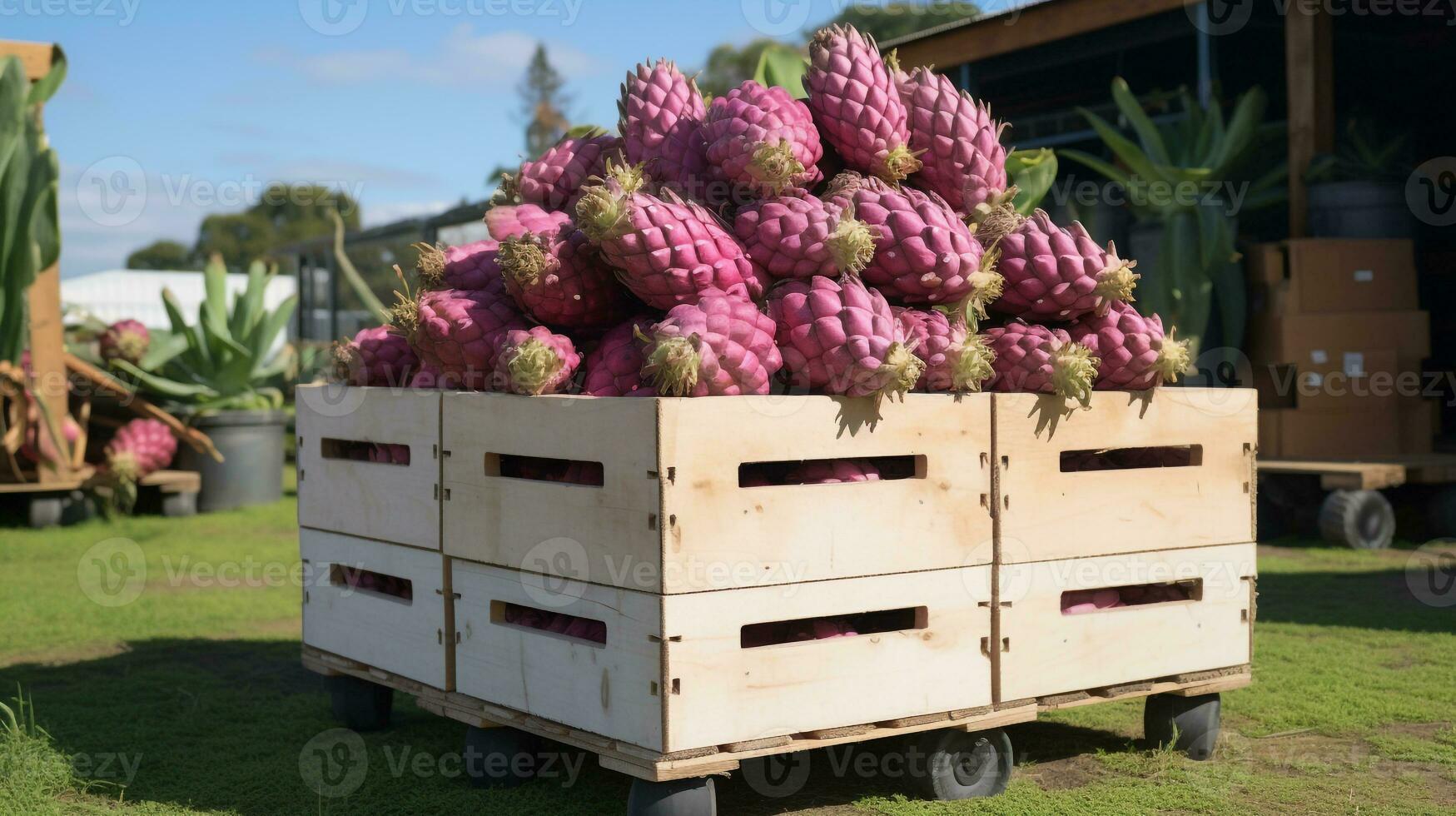 nyligen plockade Pitaya frukt från trädgård placerad i de lådor. generativ ai foto