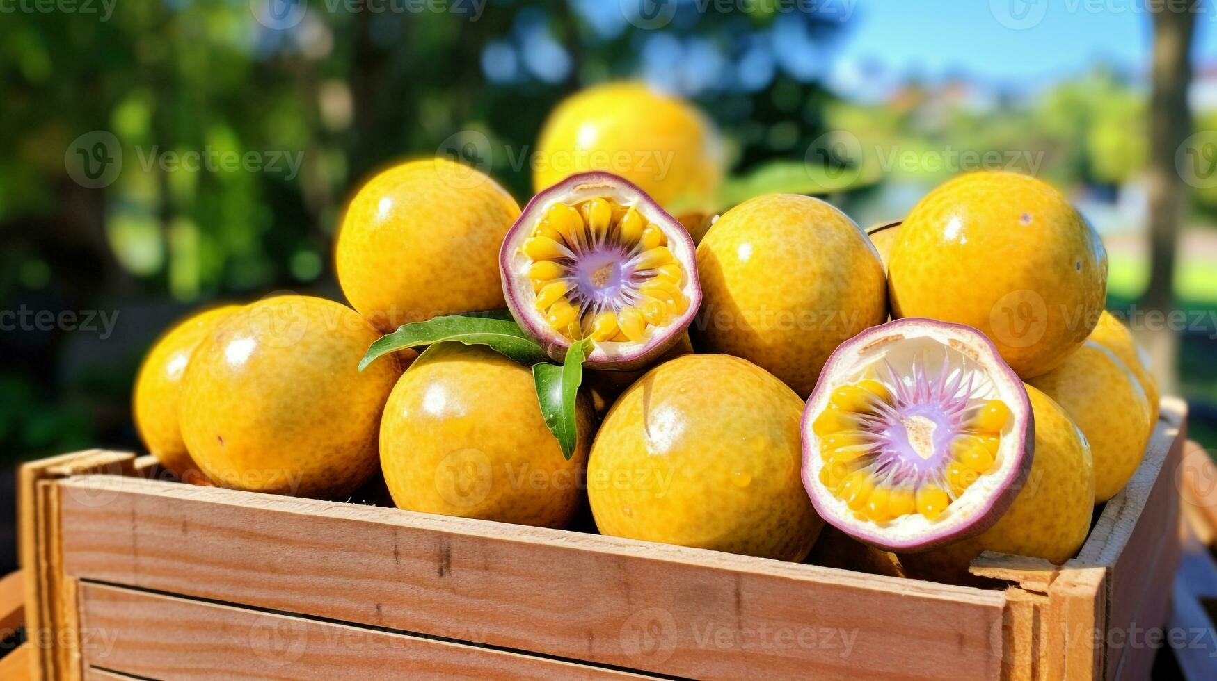 nyligen plockade passionen frukt från trädgård placerad i de lådor. generativ ai foto