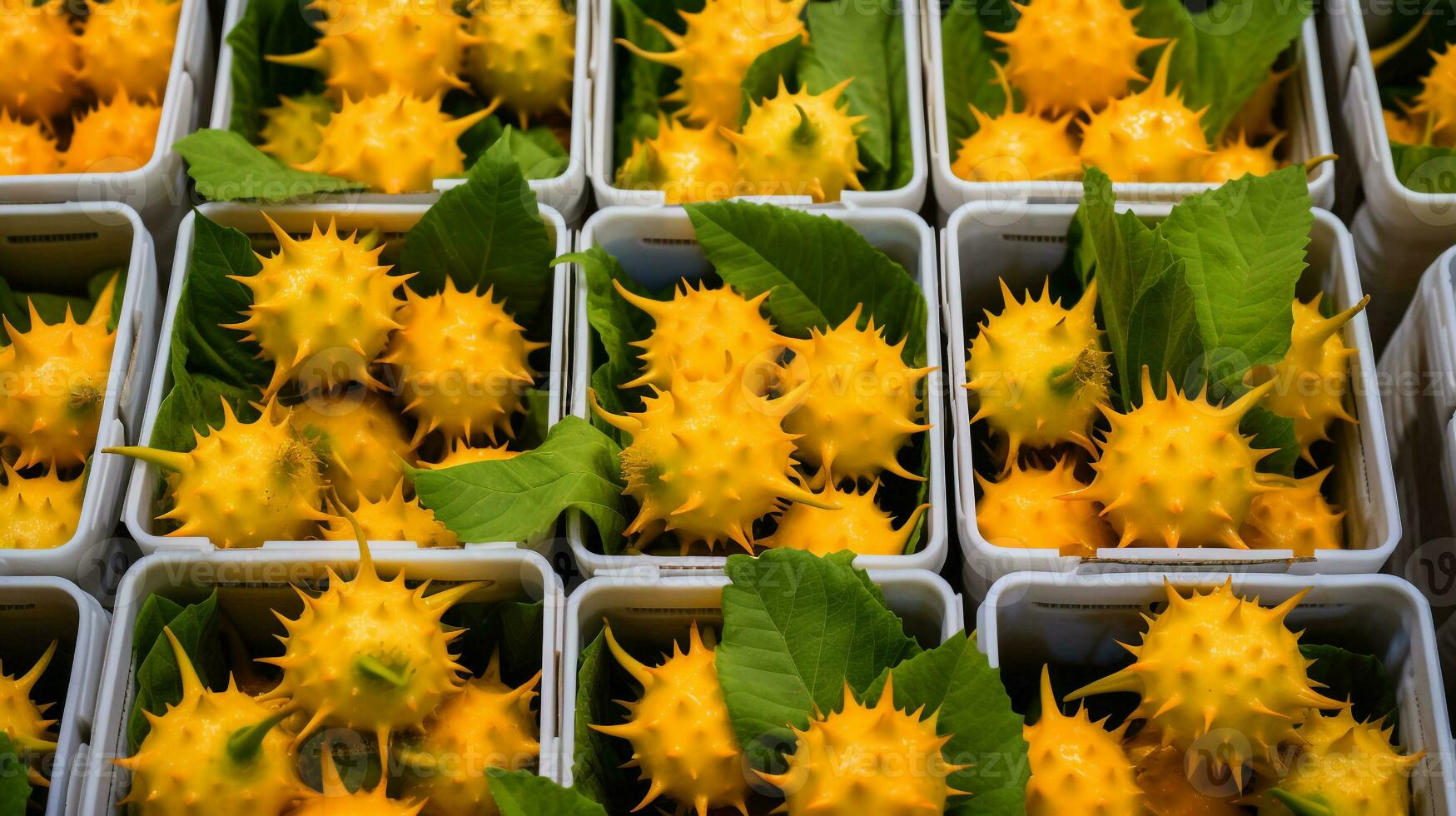 nyligen plockade kiwano frukt från trädgård placerad i de lådor. generativ ai foto