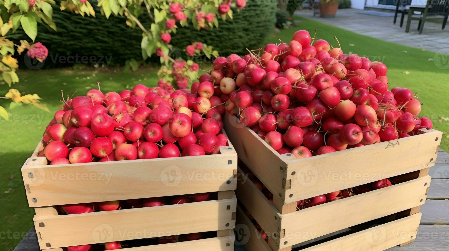 nyligen plockade krabba äpplen frukt från trädgård placerad i de lådor. generativ ai foto