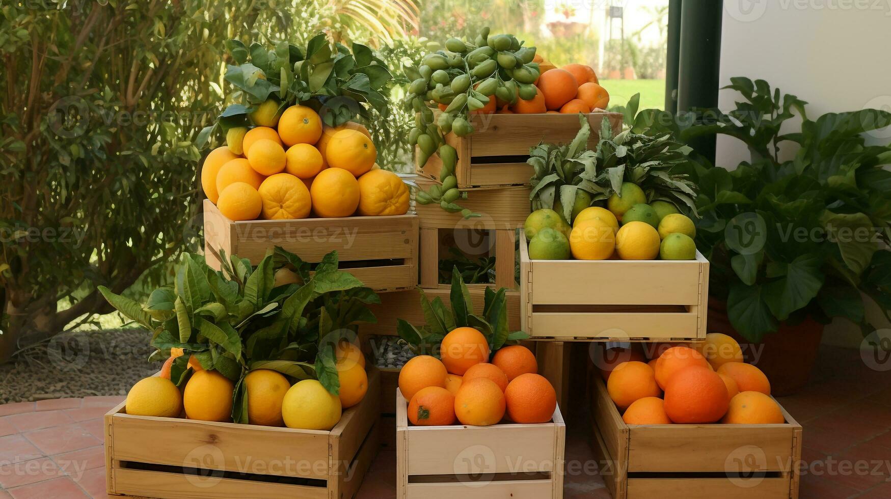 nyligen plockade caja frukt från trädgård placerad i de lådor. generativ ai foto