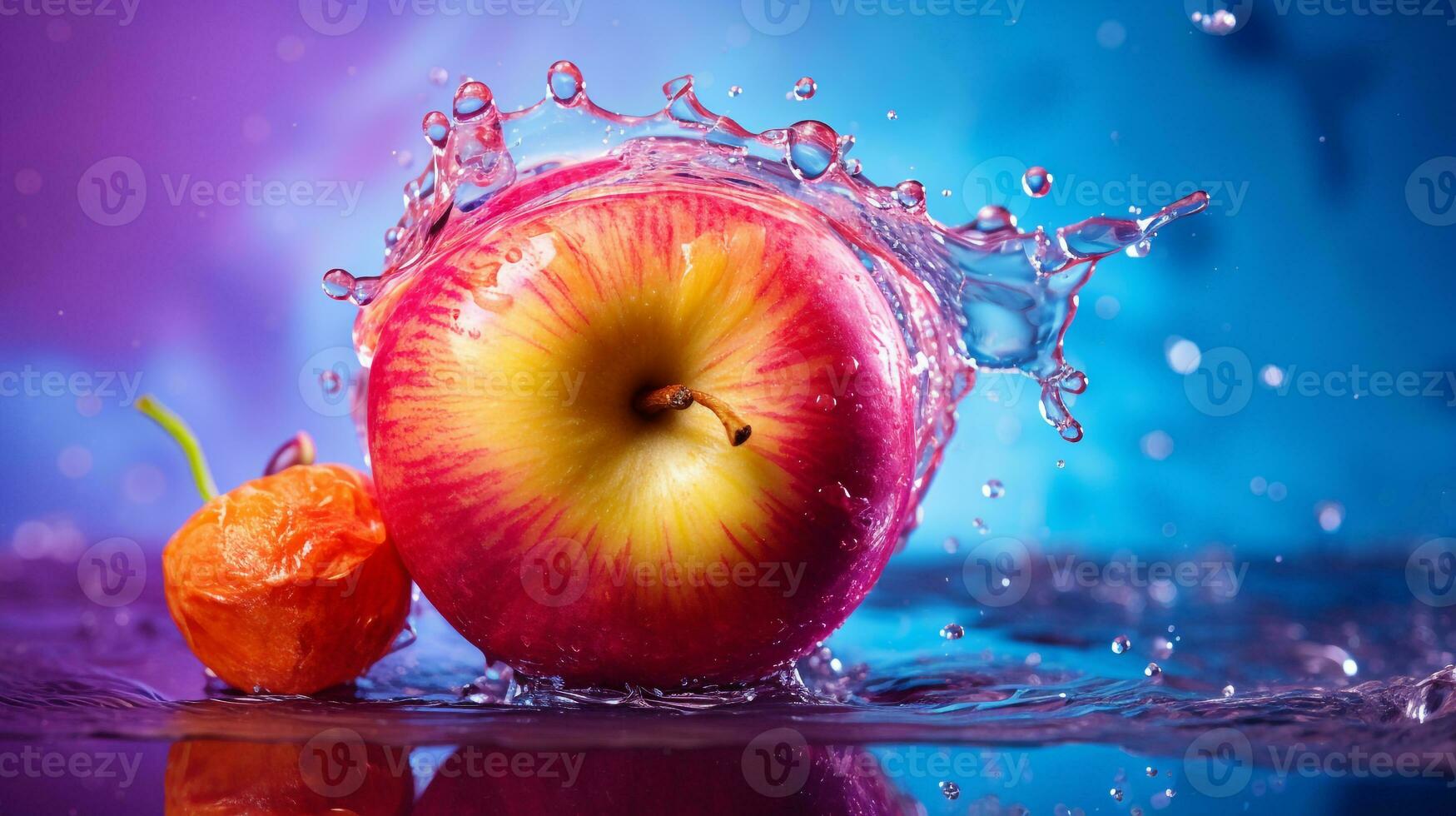 Foto av reste sig vatten äpple frukt halv mot en färgrik abstrakt bakgrund. generativ ai