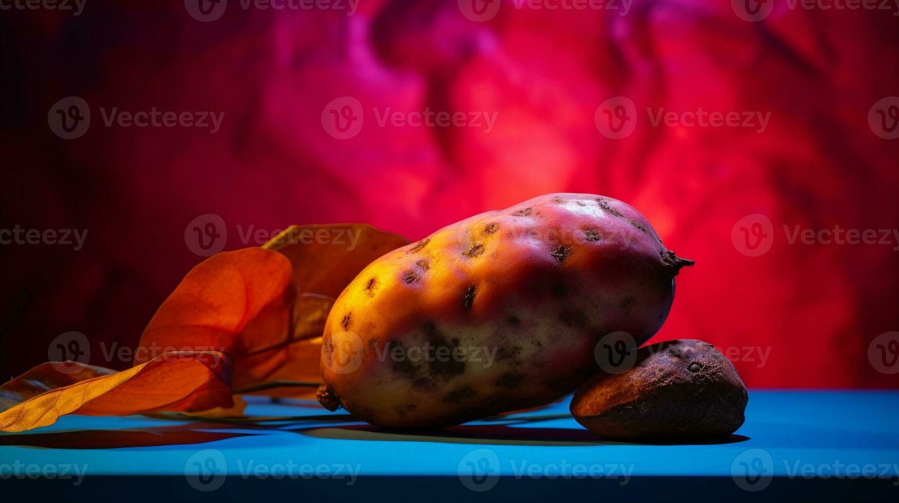 Foto av jams böna frukt halv mot en färgrik abstrakt bakgrund. generativ ai
