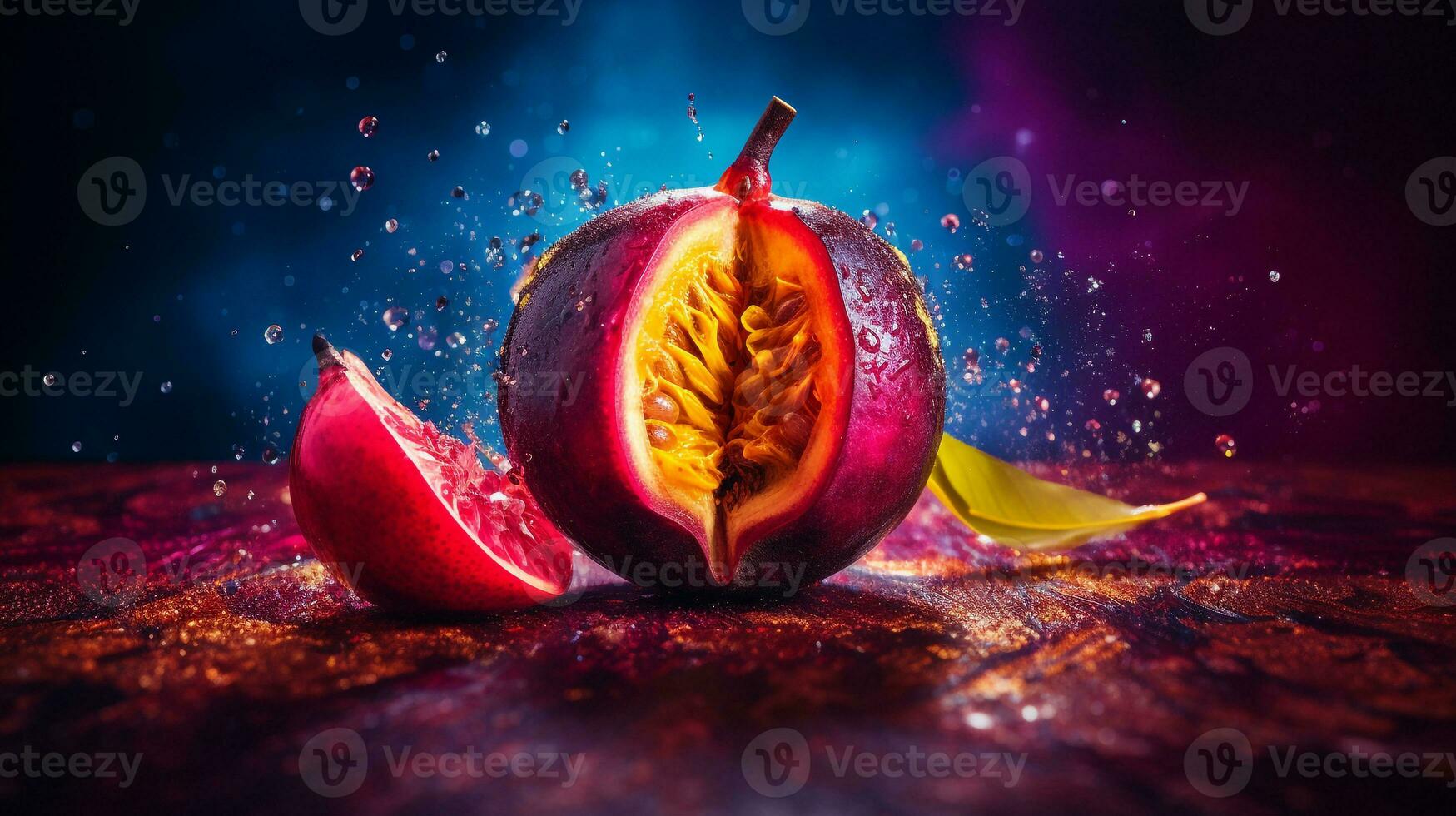 Foto av pitomba frukt halv mot en färgrik abstrakt bakgrund. generativ ai