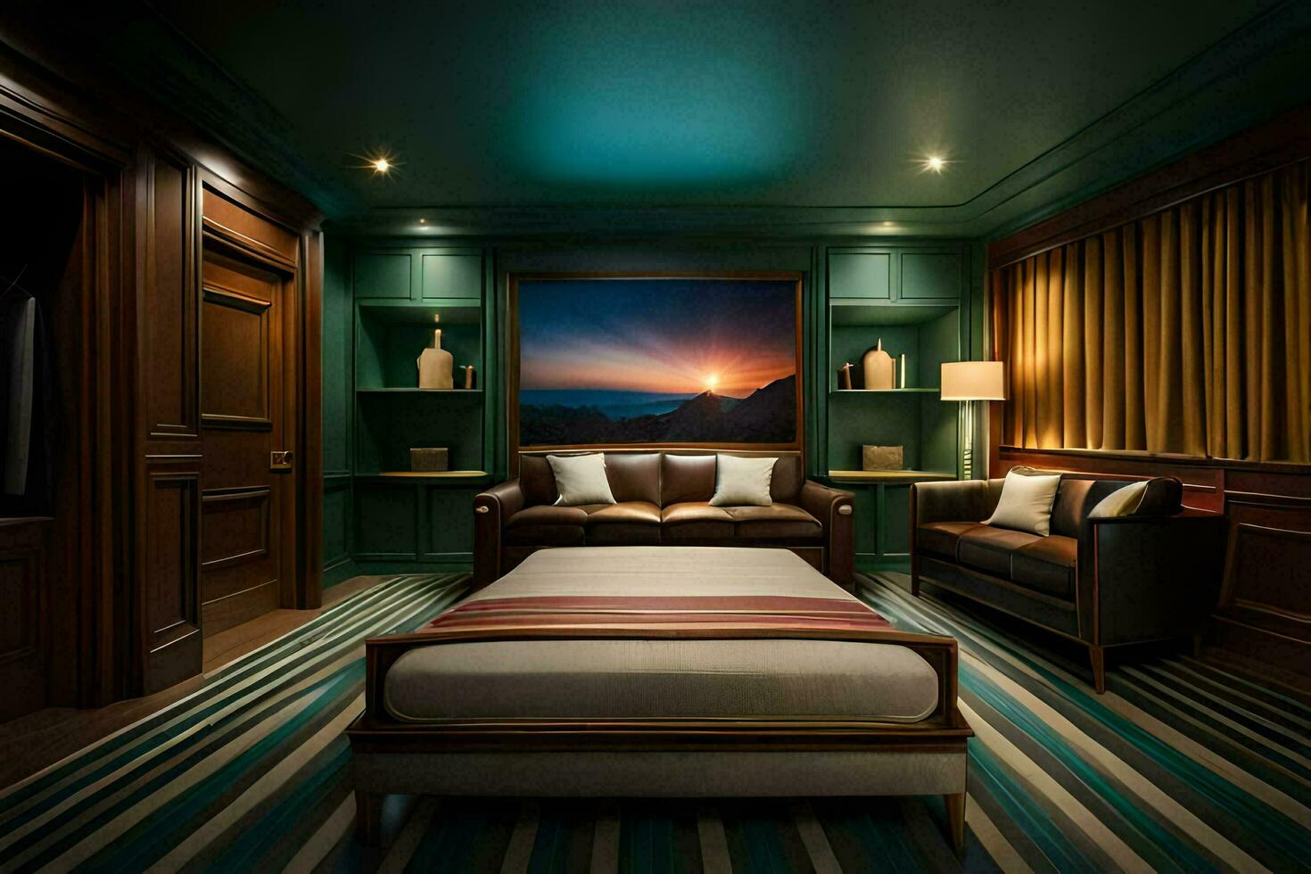 en sovrum med en stor säng och en stor bild. ai-genererad foto