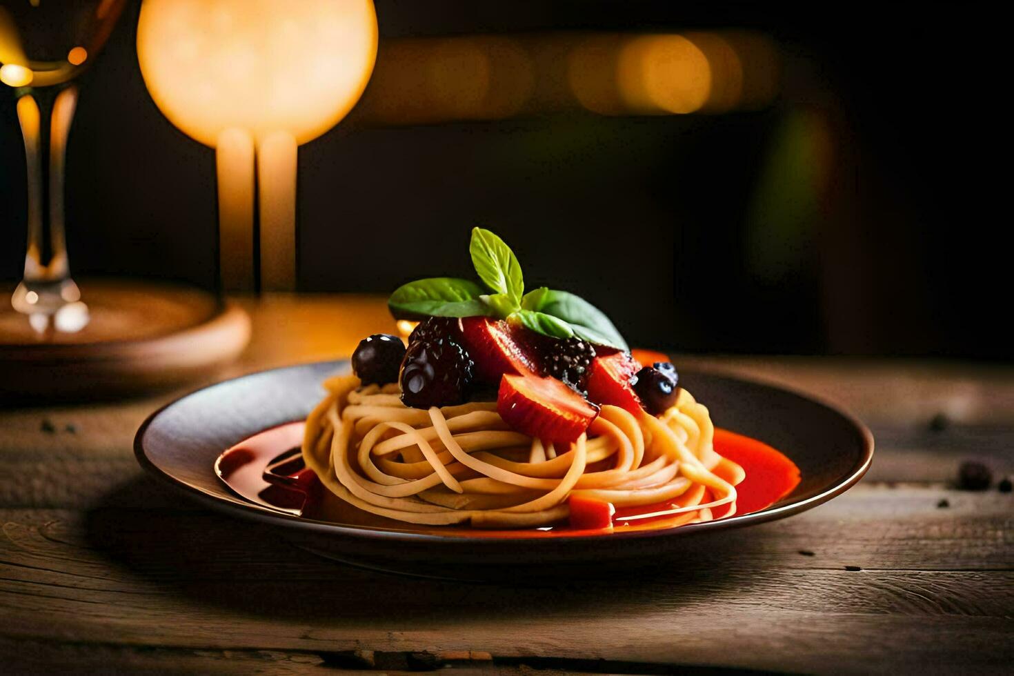 spaghetti med körsbär tomater och basilika löv på en tallrik. ai-genererad foto