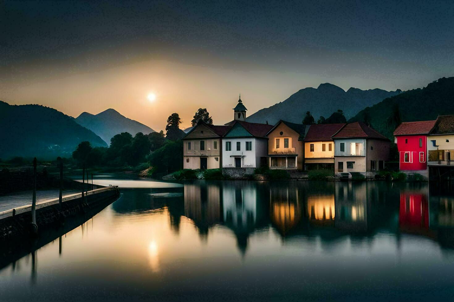 en sjö och hus i de bergen på solnedgång. ai-genererad foto
