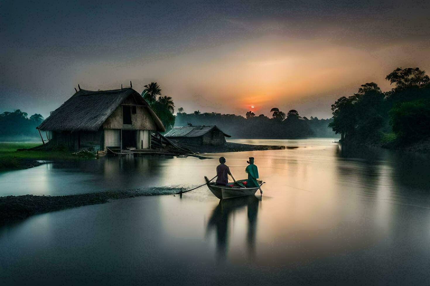 två människor i en båt på de flod på solnedgång. ai-genererad foto