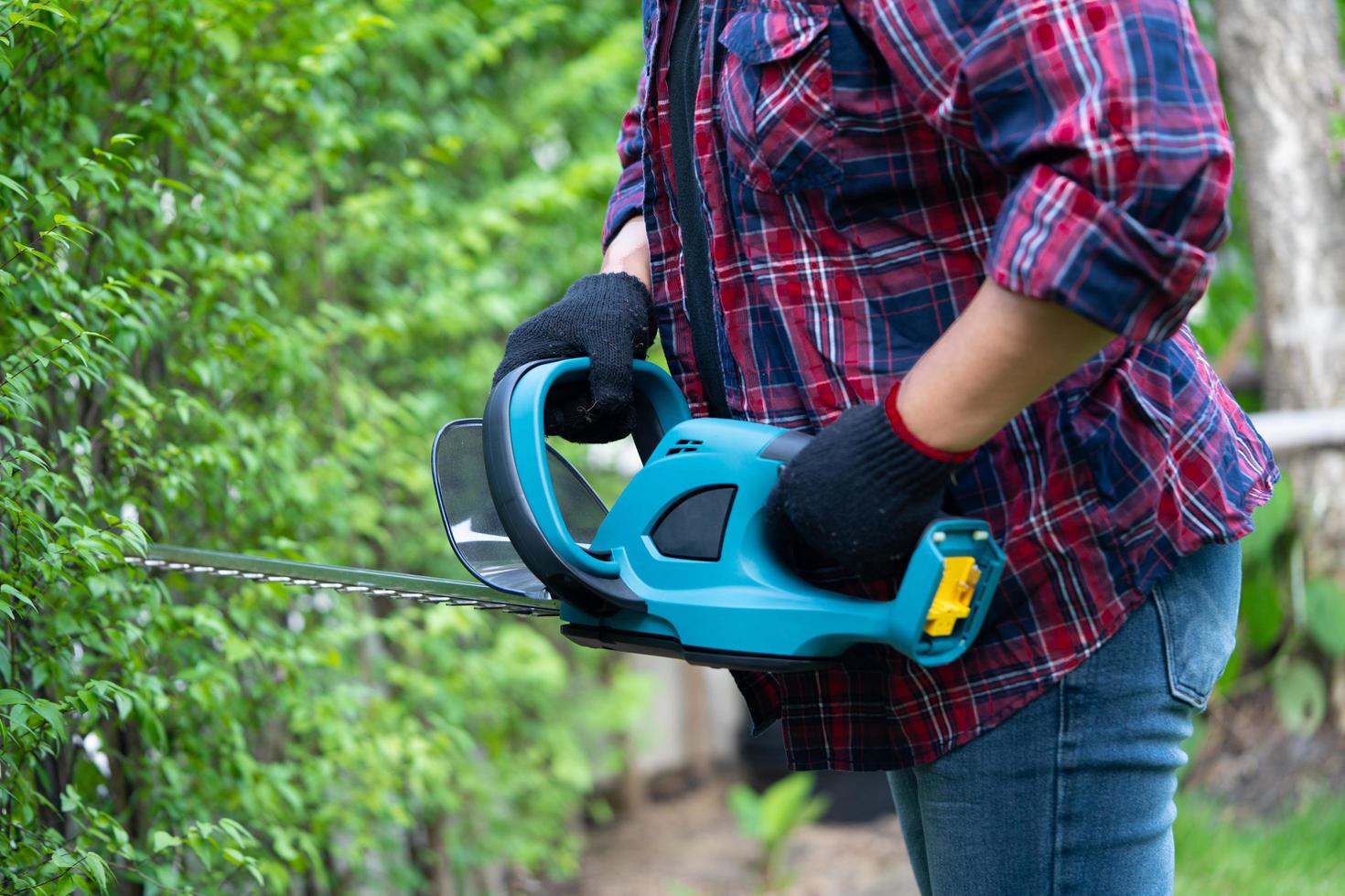 trädgårdsmästare som håller en elektrisk häcksax för att klippa trädtoppen foto