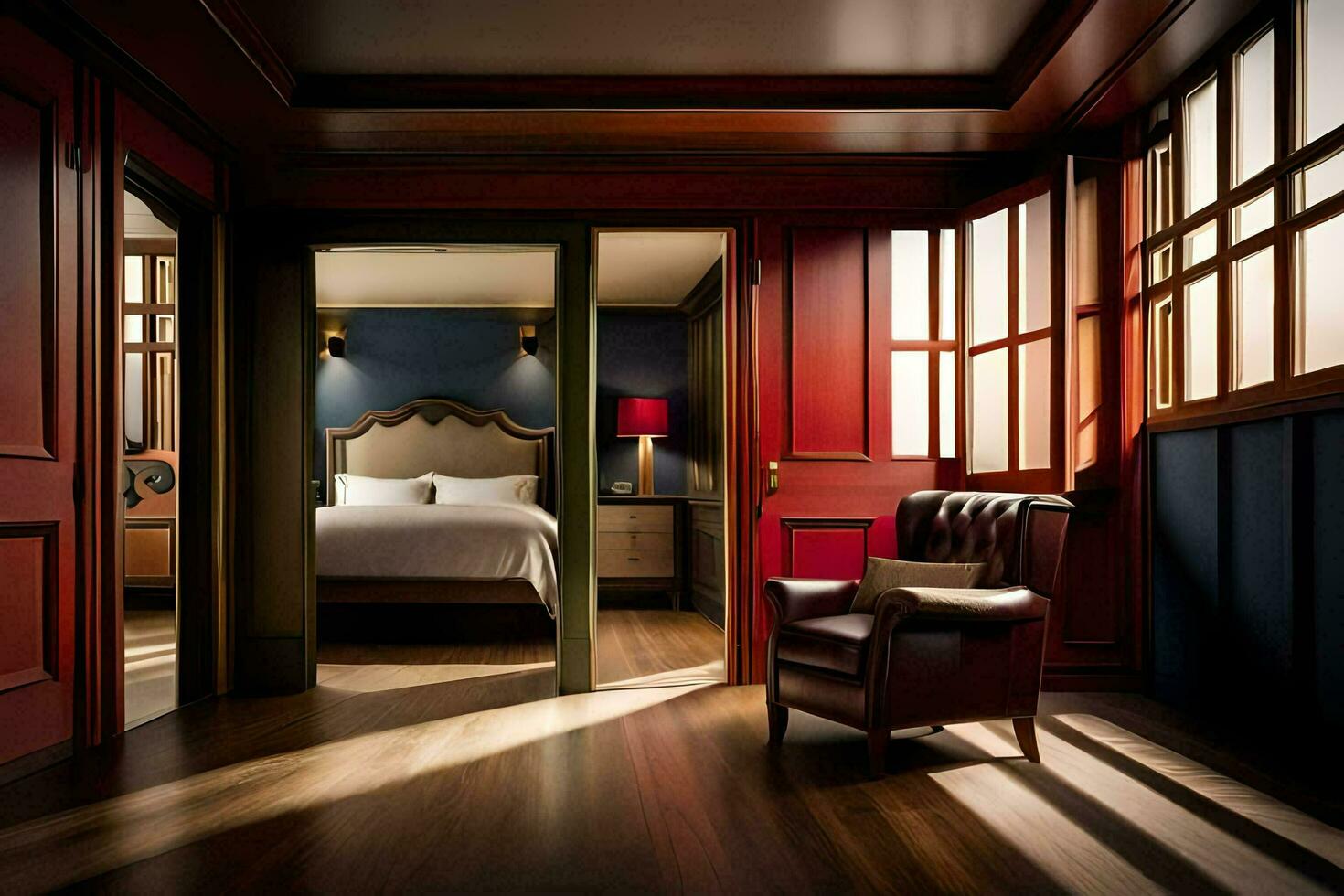 en sovrum med röd väggar och en säng. ai-genererad foto