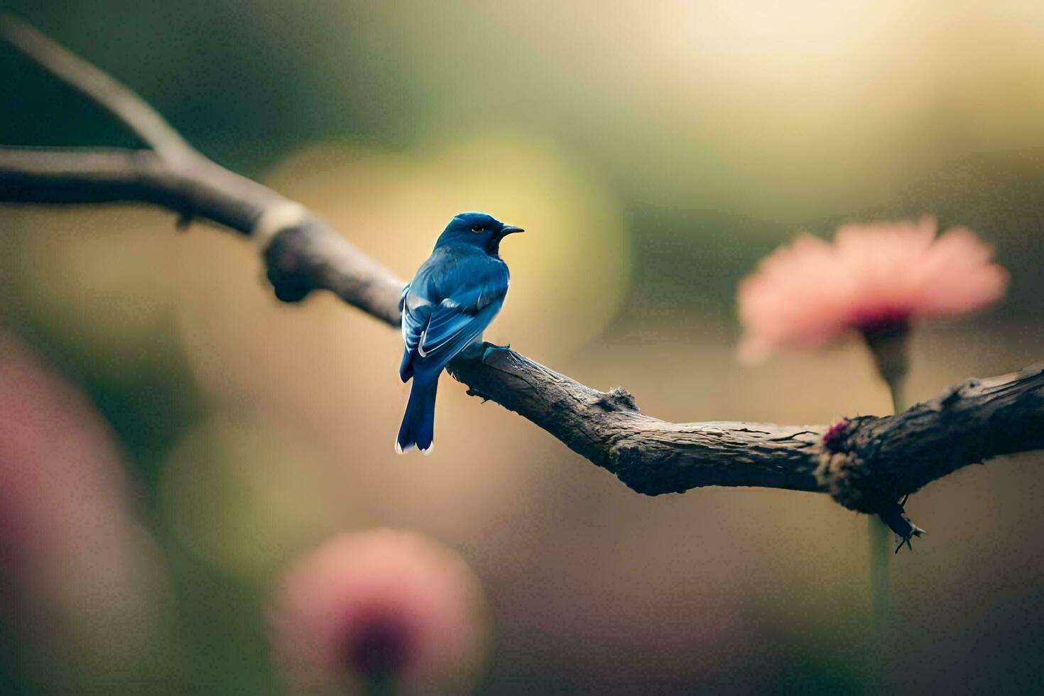 en blå fågel sitter på en gren i främre av rosa blommor. ai-genererad foto