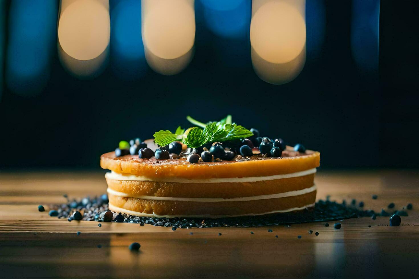 en kaka med blåbär och mynta på topp. ai-genererad foto