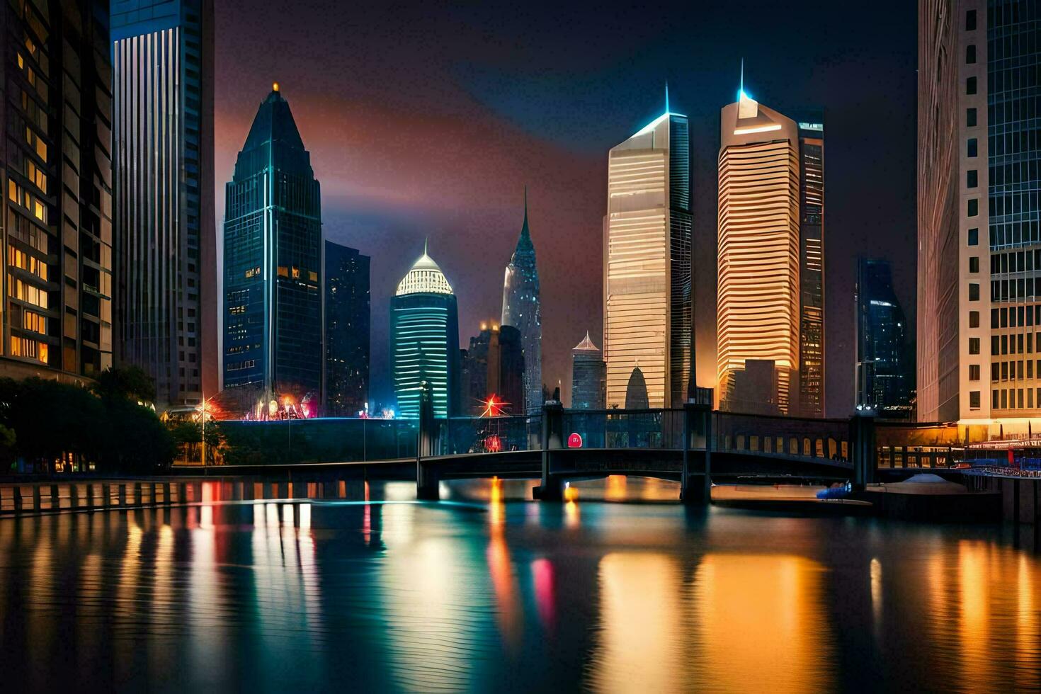 de stad horisont på natt med en bro över vatten. ai-genererad foto