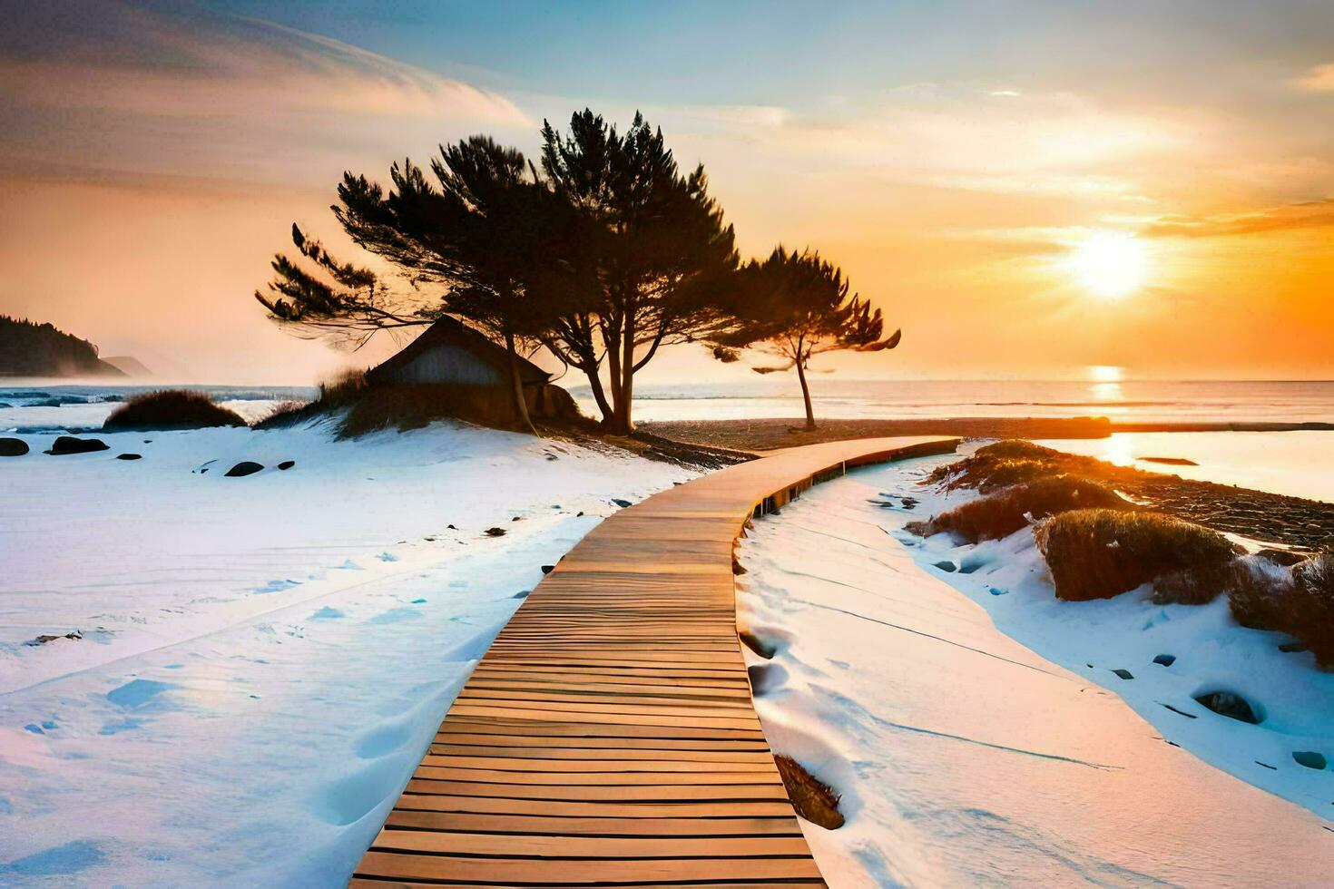 en trä- väg leder till de strand på solnedgång. ai-genererad foto