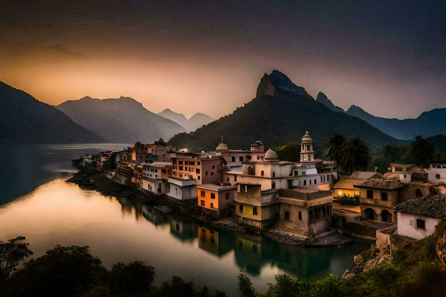 Foto tapet de himmel, berg, sjö, hus, de stad, Indien, de solnedgång. ai-genererad