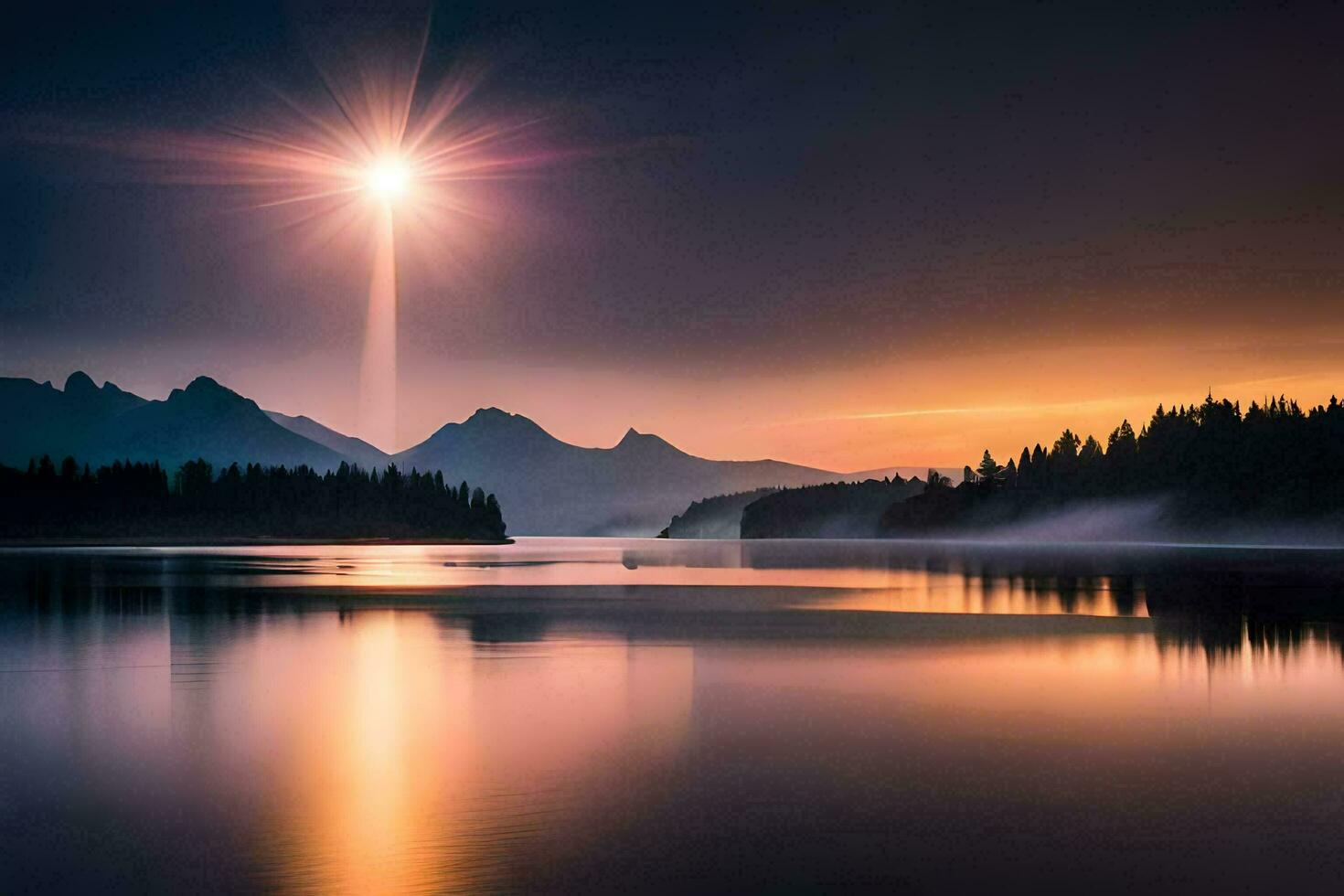 de Sol lyser över en sjö och berg. ai-genererad foto