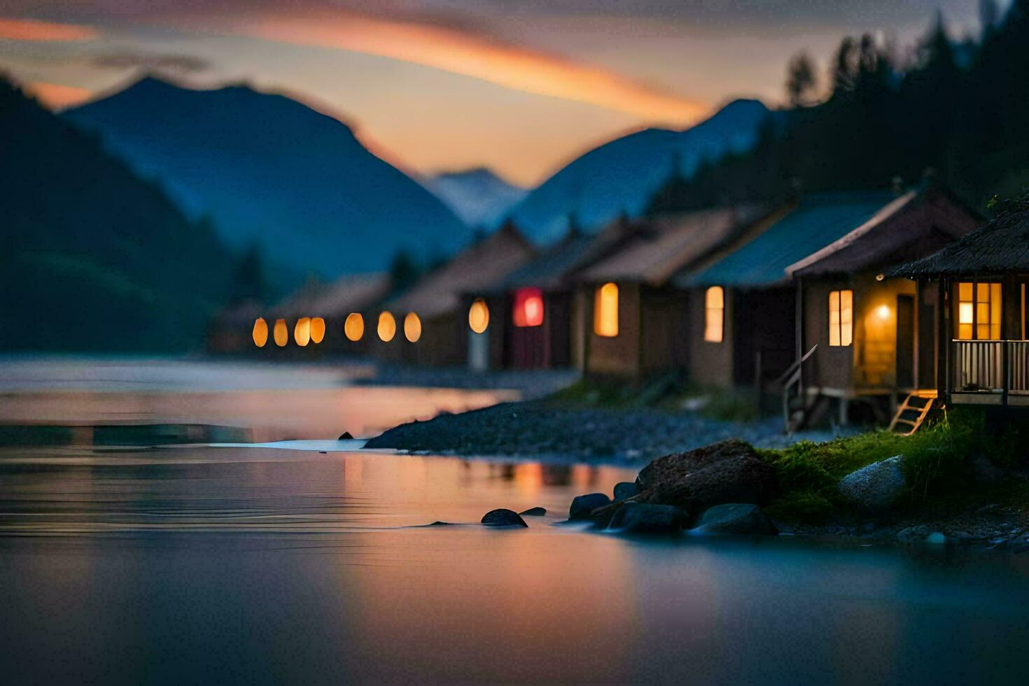 Foto tapet de himmel, berg, sjö, stuga, de vatten, de berg, de sjö. ai-genererad