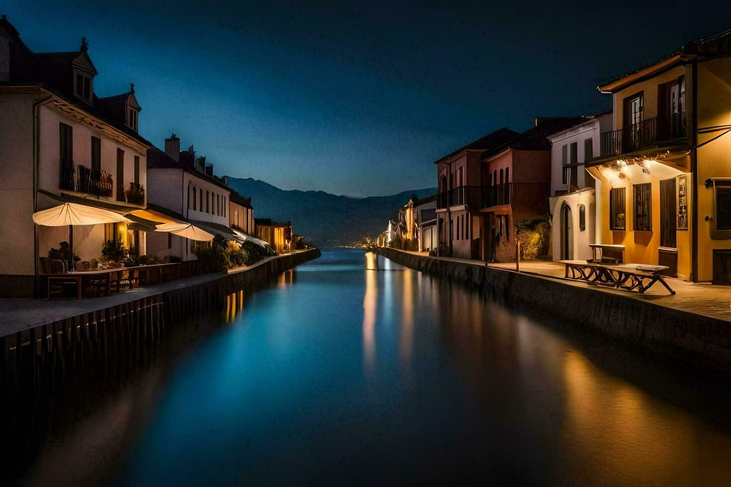 en kanal i de mitten av en stad på natt. ai-genererad foto