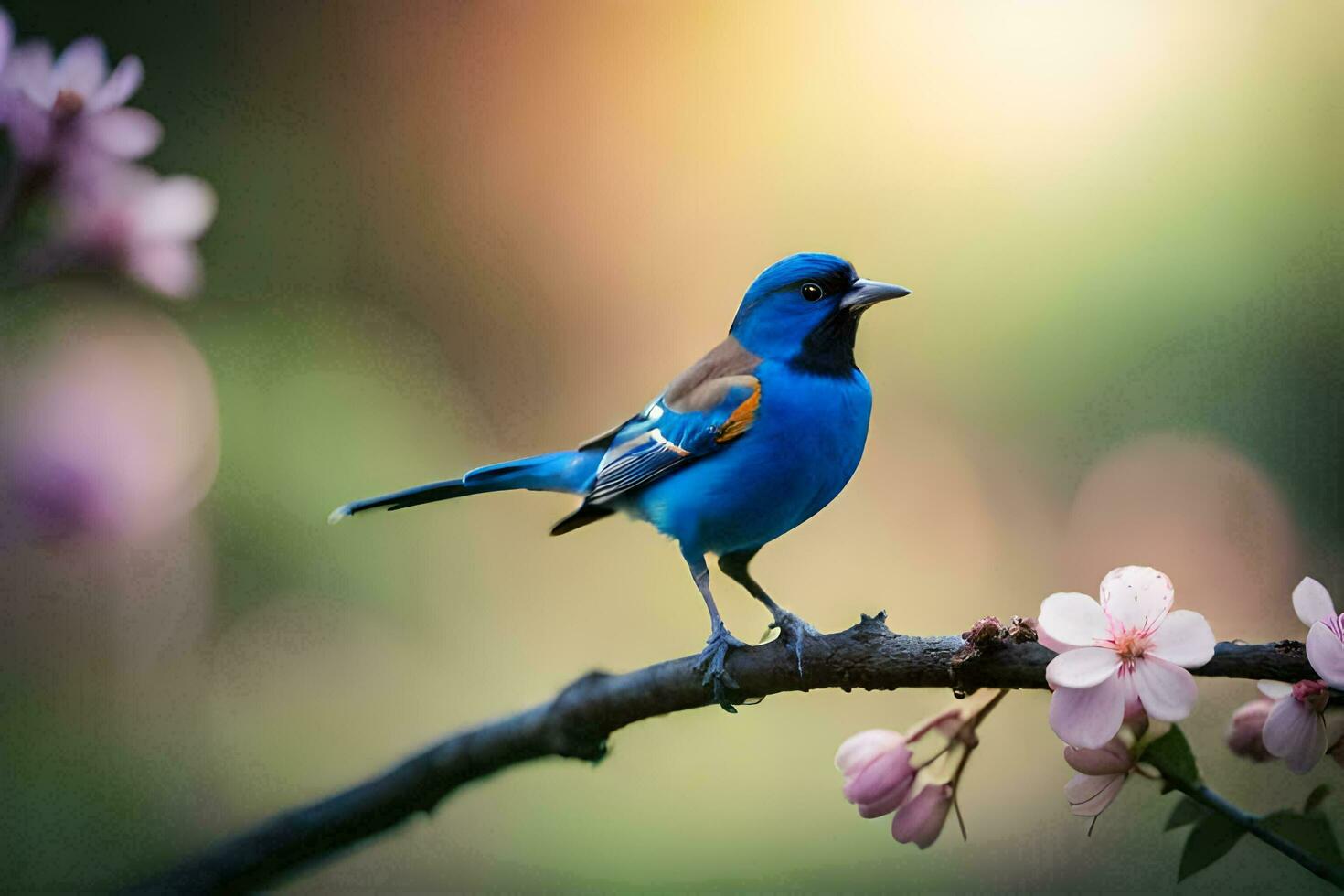 en blå fågel sitter på en gren med rosa blommor. ai-genererad foto