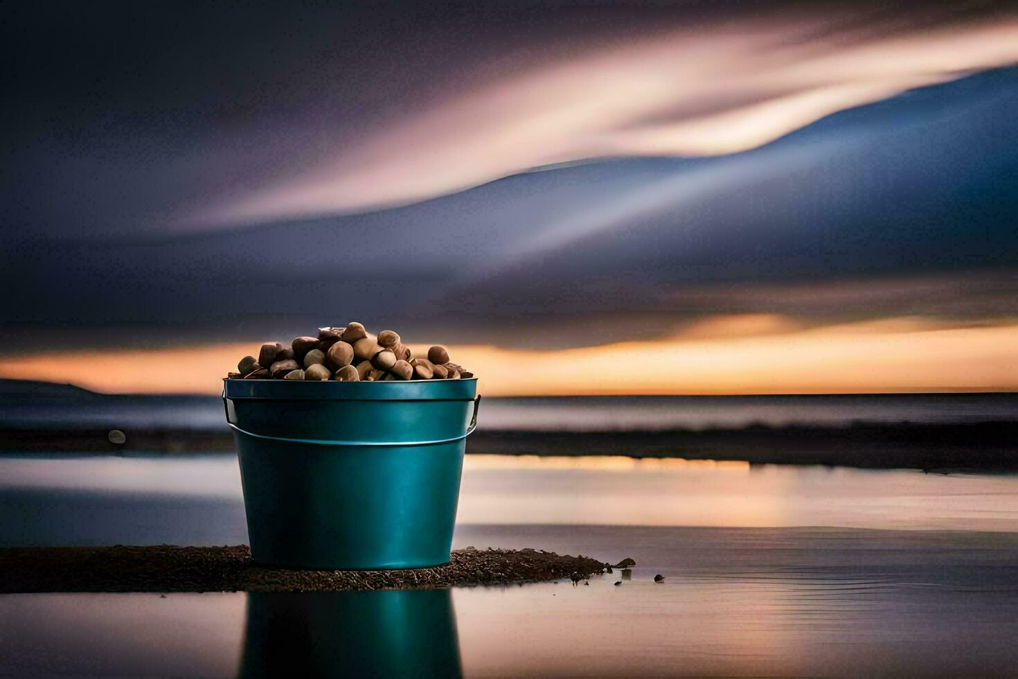 en hink av nötter på de strand. ai-genererad foto