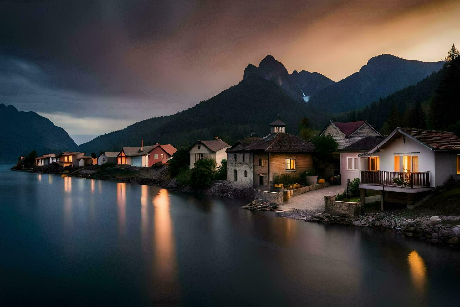 Foto tapet de himmel, berg, sjö, hus, de mörk, de berg, de sjö. ai-genererad