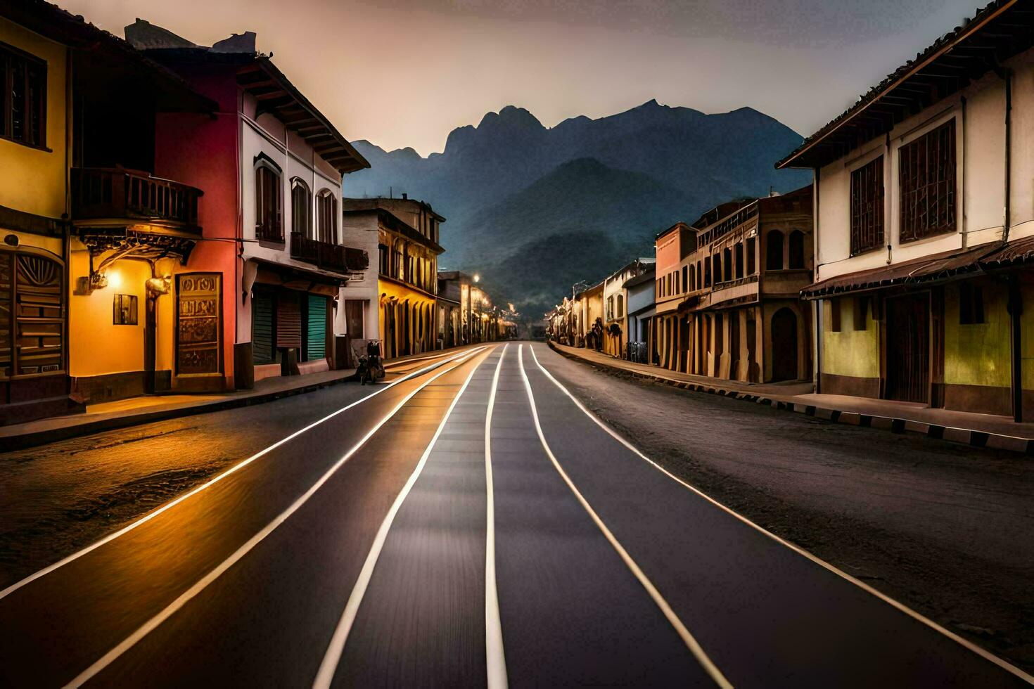 en lång exponering fotografera av en gata i en stad. ai-genererad foto