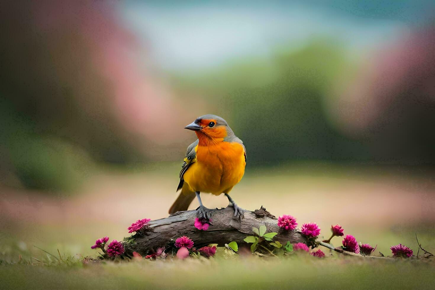 en fågel är Sammanträde på en gren med blommor. ai-genererad foto