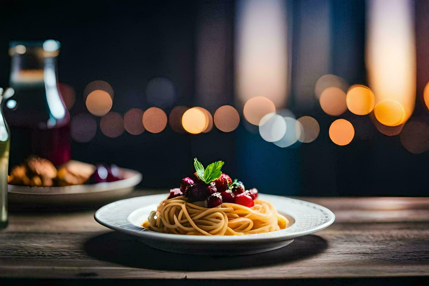 spaghetti med körsbär sås på en tallrik. ai-genererad foto