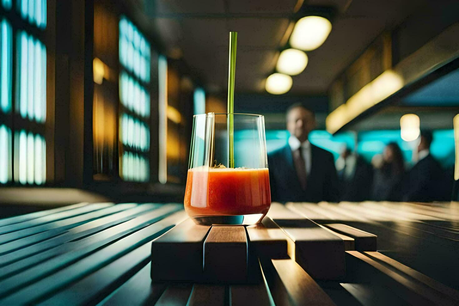 en glas av juice Sammanträde på en tabell i en restaurang. ai-genererad foto