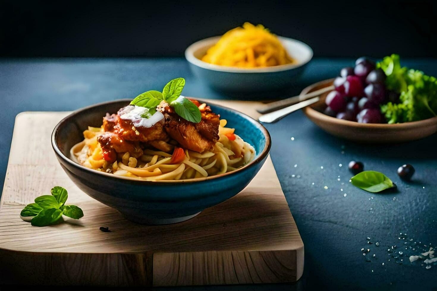 kyckling och pasta i en skål. ai-genererad foto