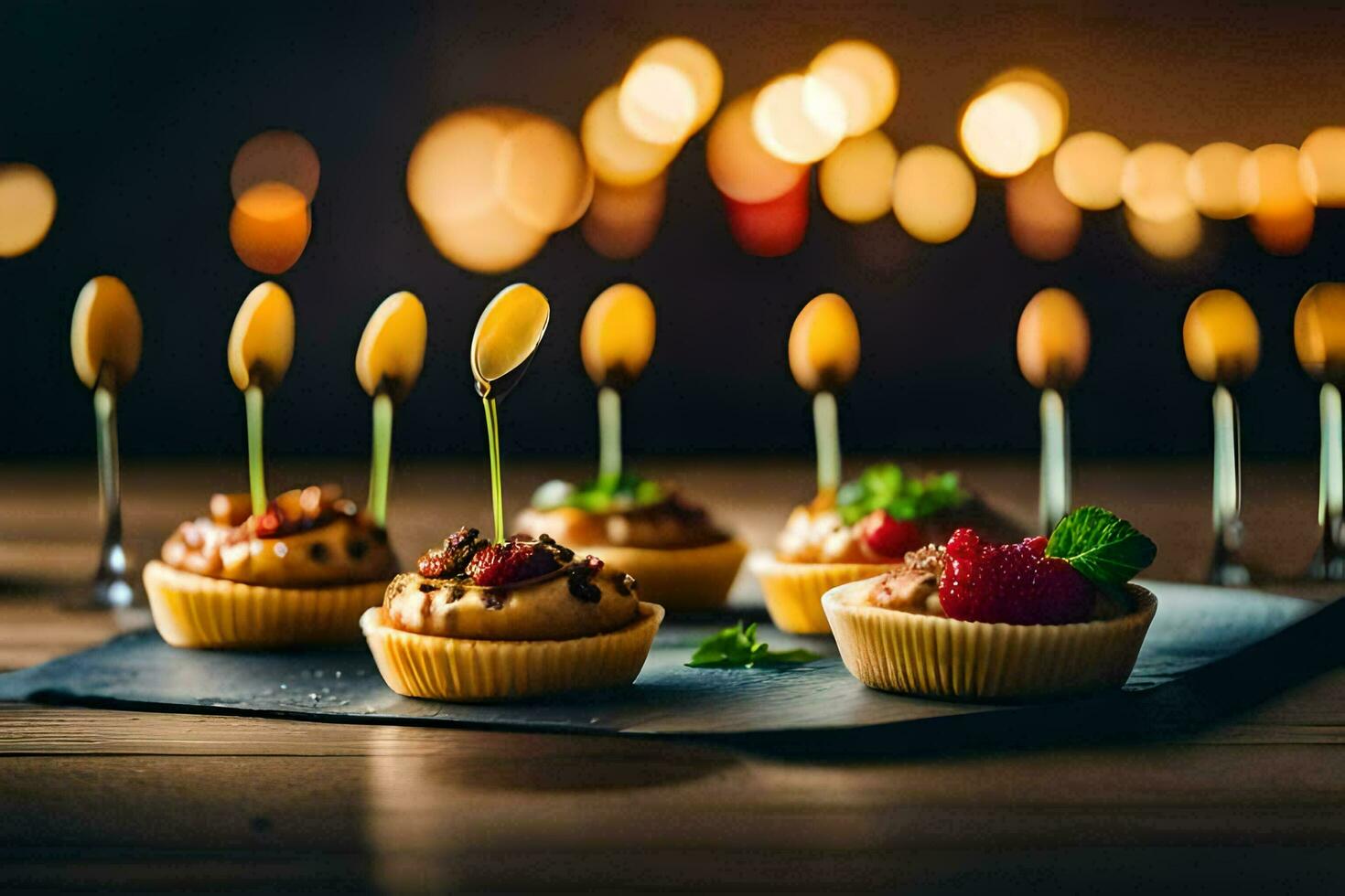 små muffins med tandpetare på en tabell. ai-genererad foto