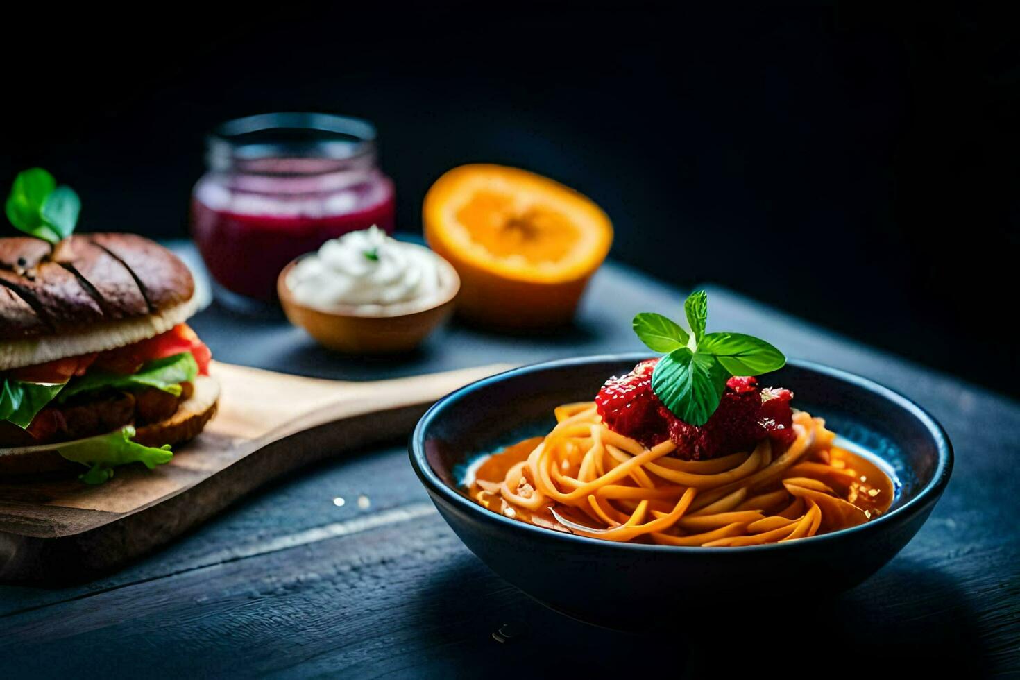 en tallrik av spaghetti och en burger på en trä- tabell. ai-genererad foto